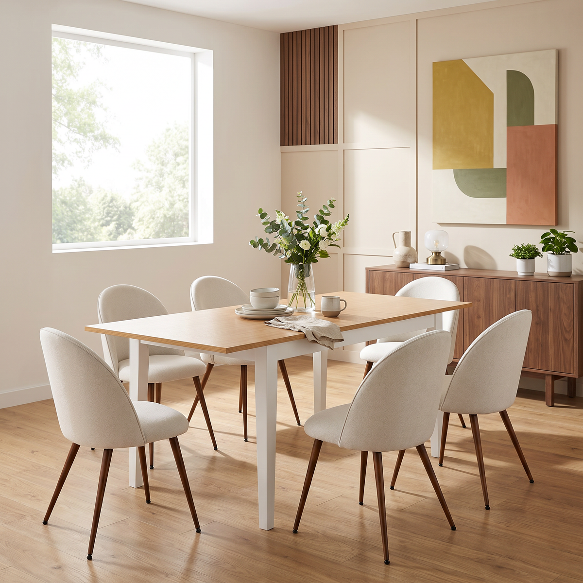 Homy Casa THOMMY+HAVEN 7PC Dining Set with Extendable Table and 6 Beige Fabric Chairs Open Box