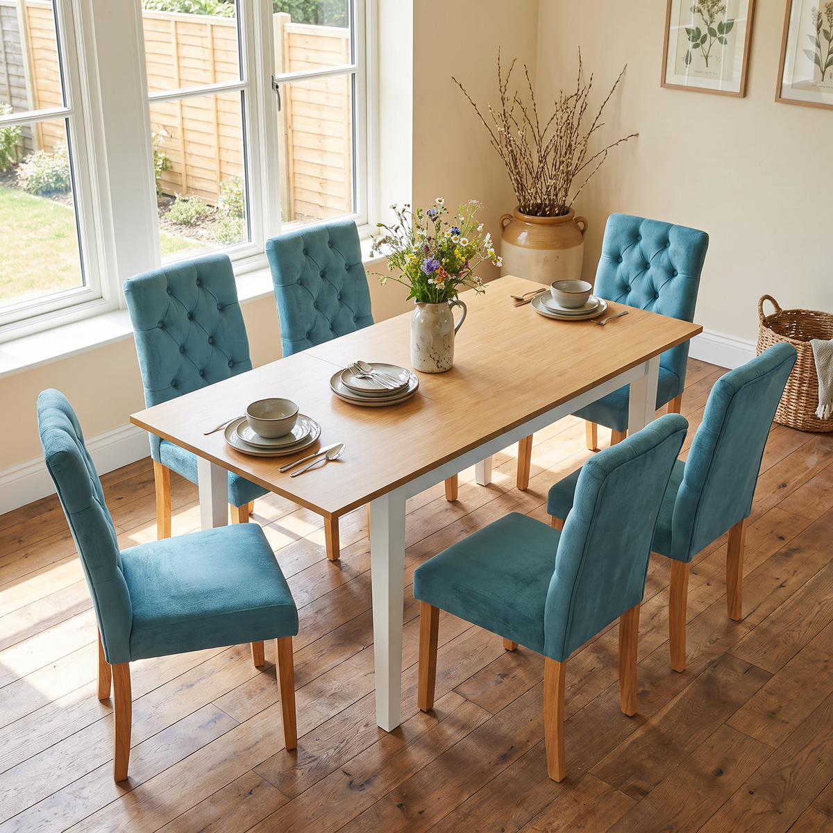 Homy Casa THOMMY+LUCETTA GREEN 7PC Dining Set with Extendable Table and 6 Upholstered Chairs in Green and White Open Box