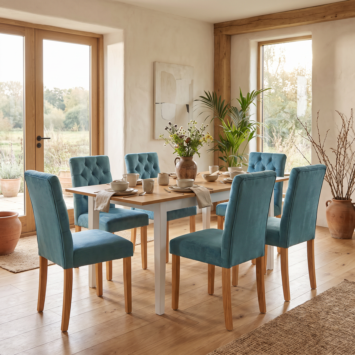 Homy Casa THOMMY+LUCETTA GREEN 7PC Dining Set with Extendable Table and 6 Upholstered Chairs in Green and White Open Box