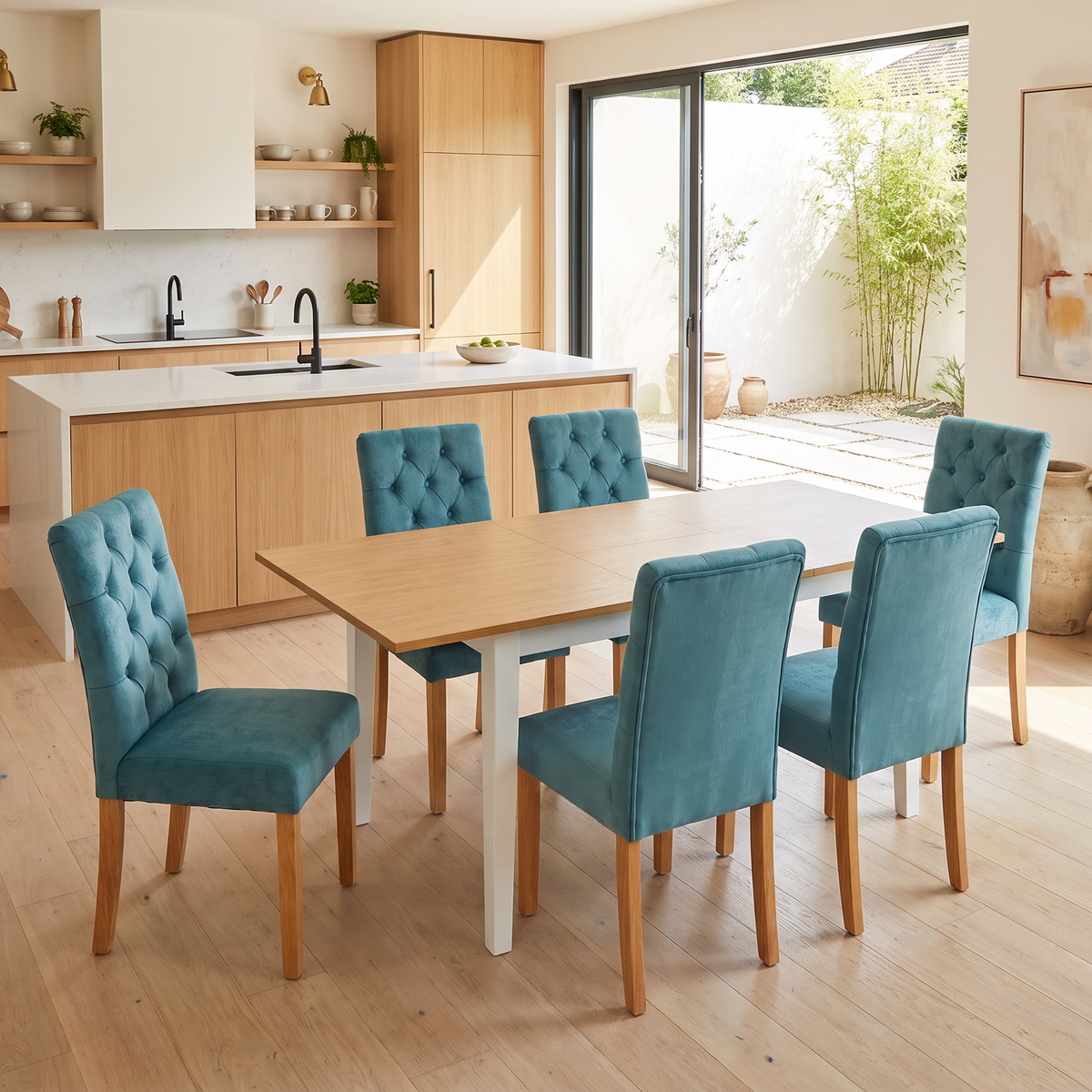 Homy Casa THOMMY+LUCETTA GREEN 7PC Dining Set with Extendable Table and 6 Upholstered Chairs in Green and White Open Box