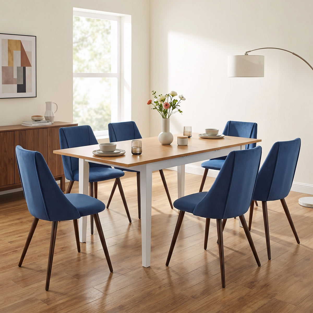 Homy Casa THOMMY+SMEG 7PC Dining Set with Extendable Table and 6 Dark Blue Upholstered Chairs Open Box