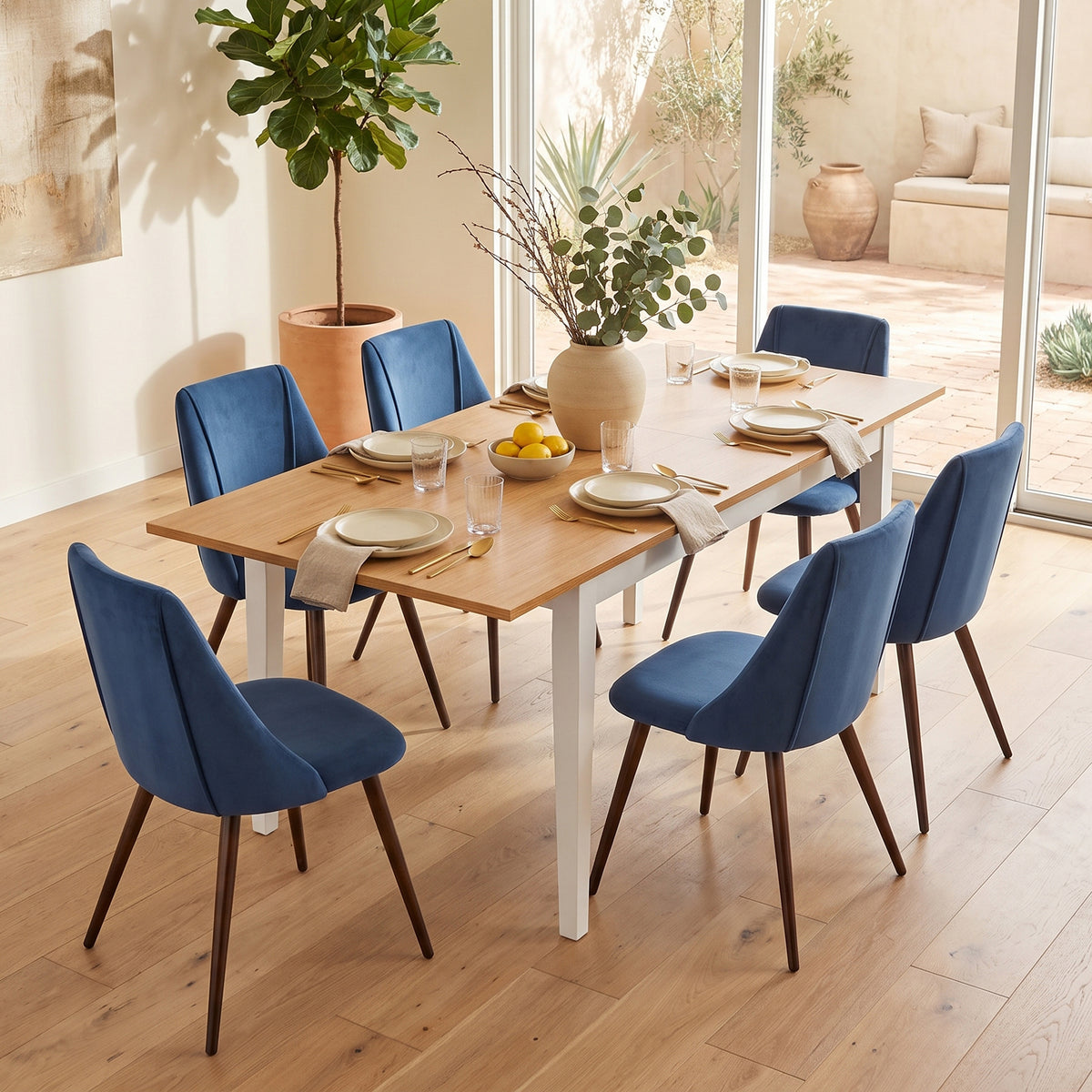 Homy Casa THOMMY+SMEG 7PC Dining Set with Extendable Table and 6 Dark Blue Upholstered Chairs Open Box