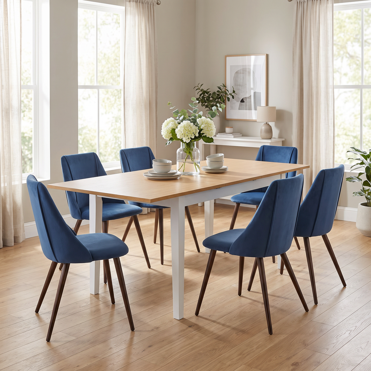 Homy Casa THOMMY+SMEG 7PC Dining Set with Extendable Table and 6 Dark Blue Upholstered Chairs Open Box
