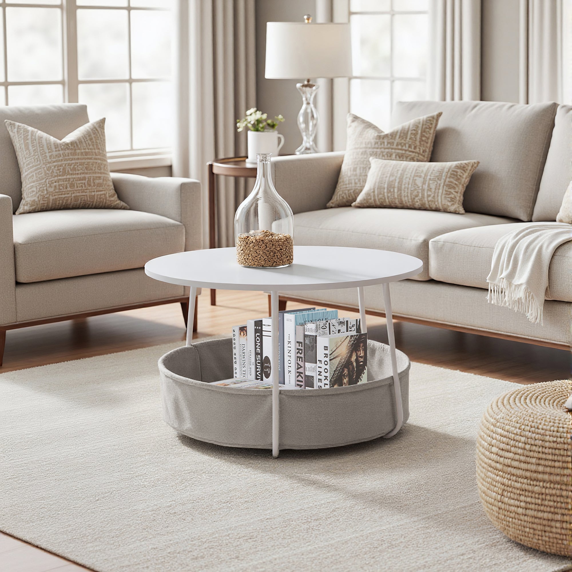 Tilla 29.5" Round Coffee table with Fabric Storage Basket