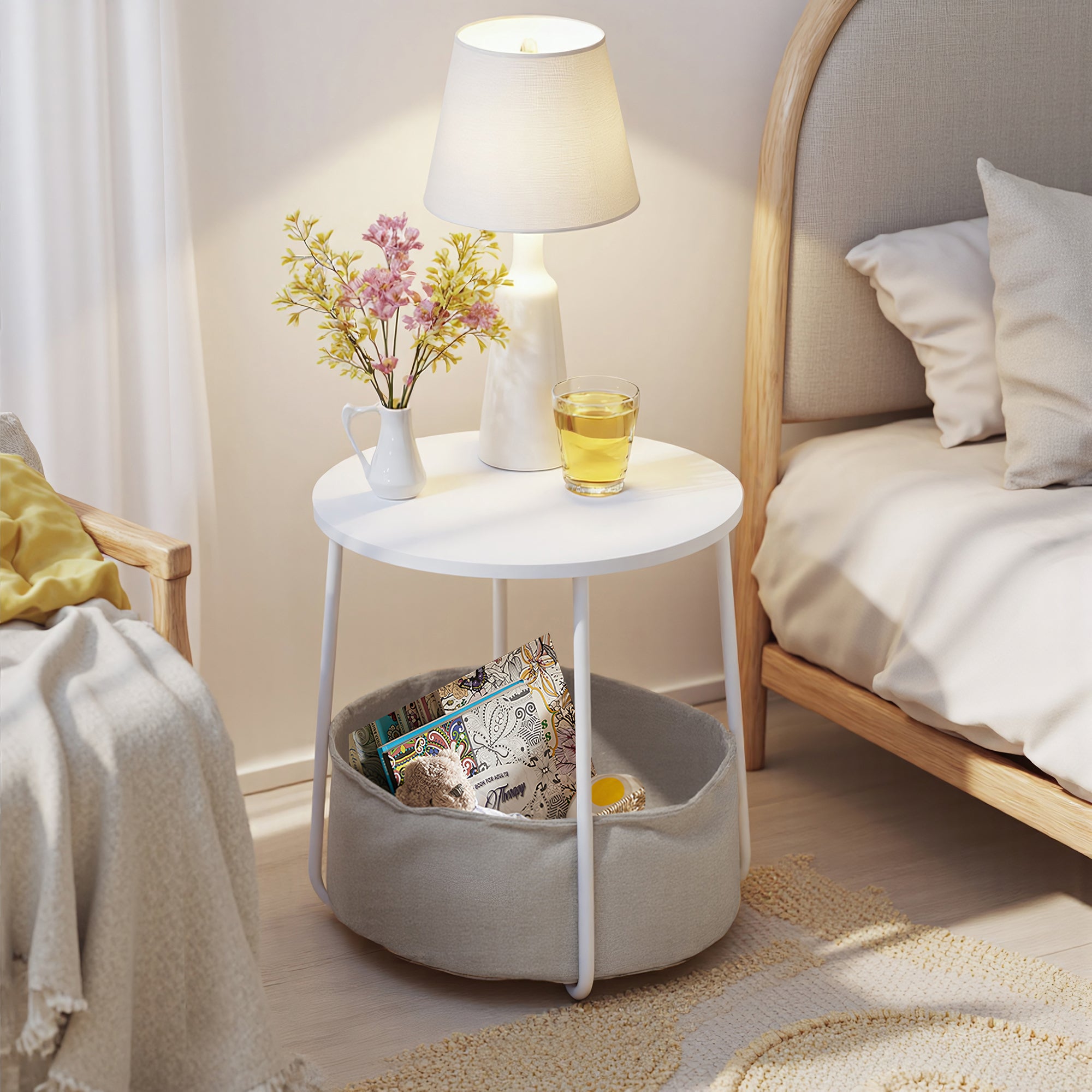Tilla 17.7" Round End Table with Fabric Storage Basket