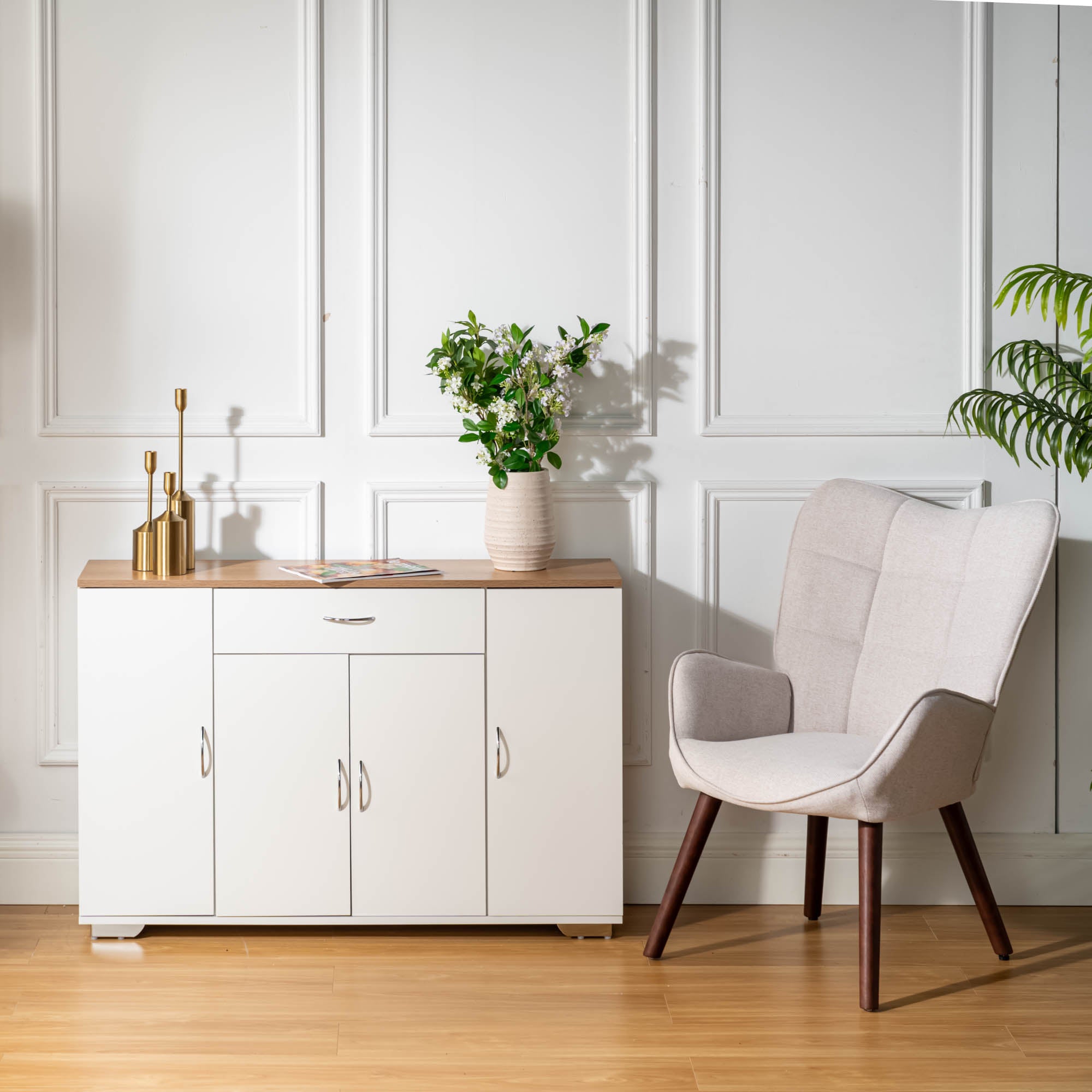BAFFI White Sideboard Buffet Cabinet with Drawer and 4 Doors, Oak Look Top, Living Room Dining Storage
