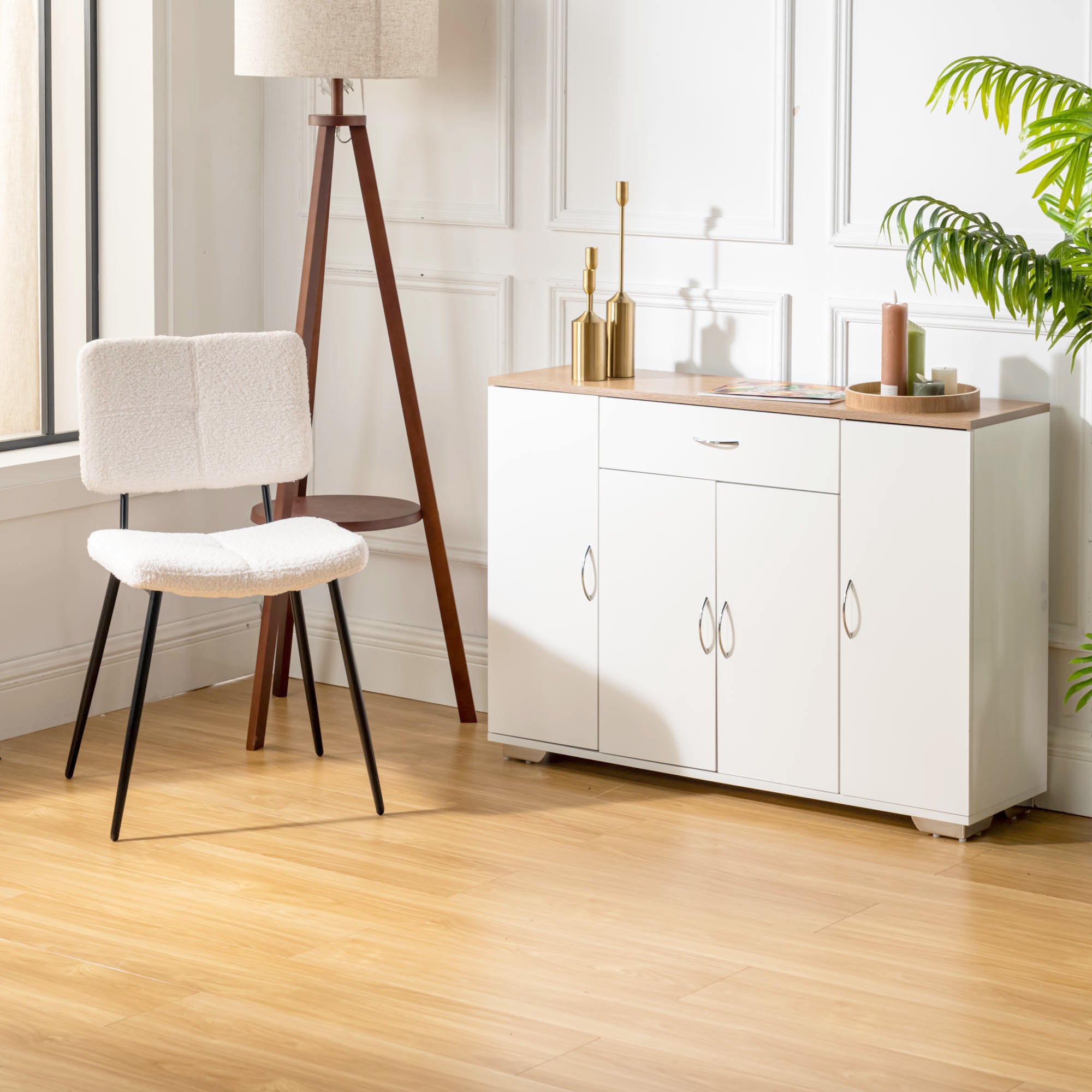 BAFFI White Sideboard Buffet Cabinet with Drawer and 4 Doors, Oak Look Top, Living Room Dining Storage