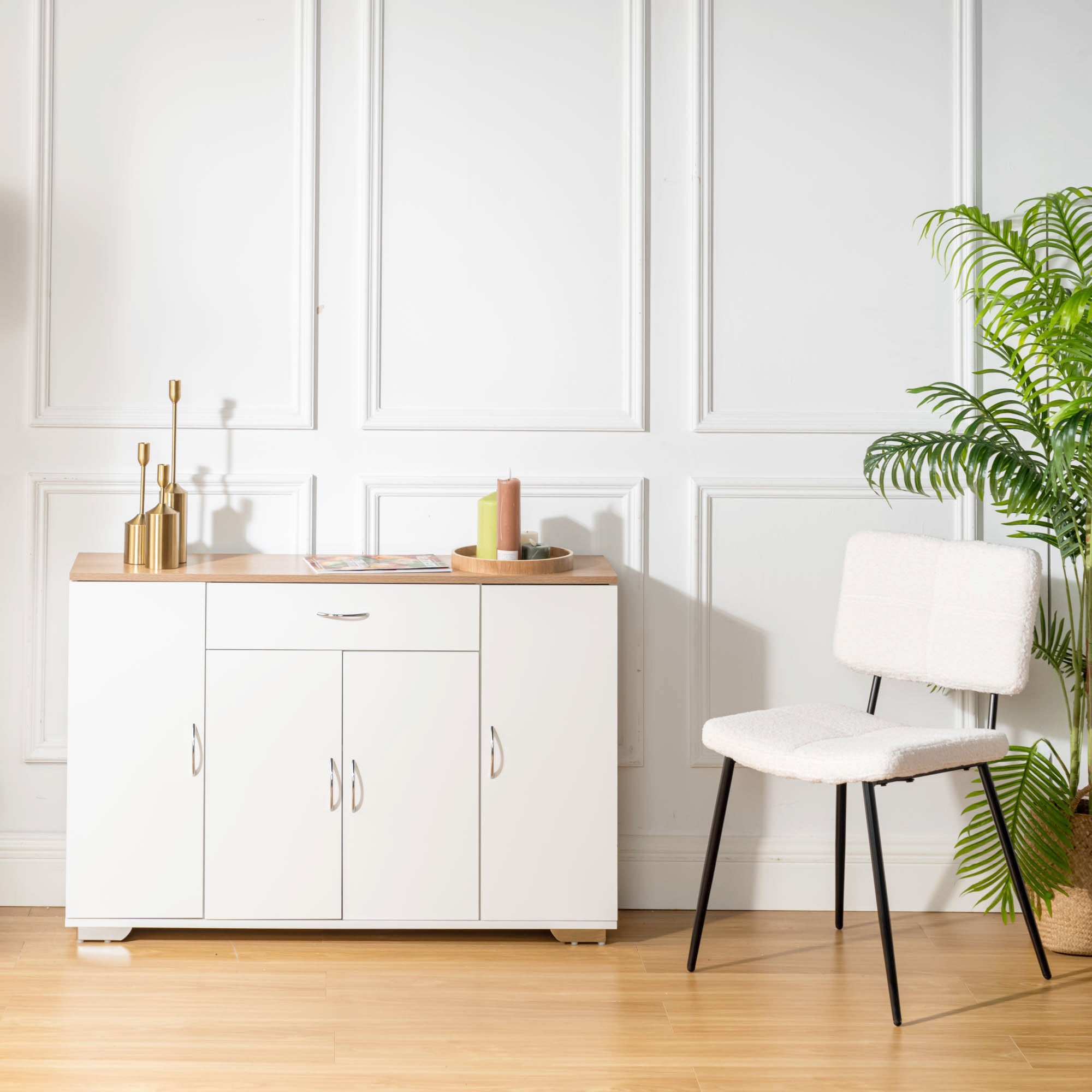 BAFFI White Sideboard Buffet Cabinet with Drawer and 4 Doors, Oak Look Top, Living Room Dining Storage