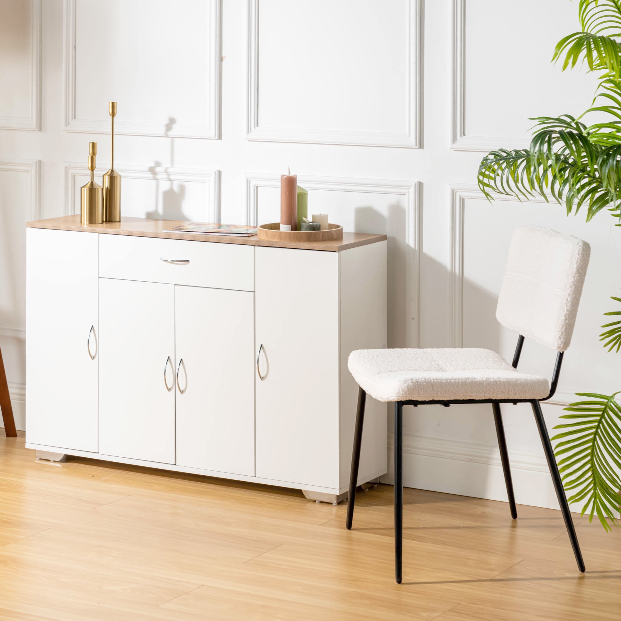 BAFFI White Sideboard Buffet Cabinet with Drawer and 4 Doors, Oak Look Top, Living Room Dining Storage