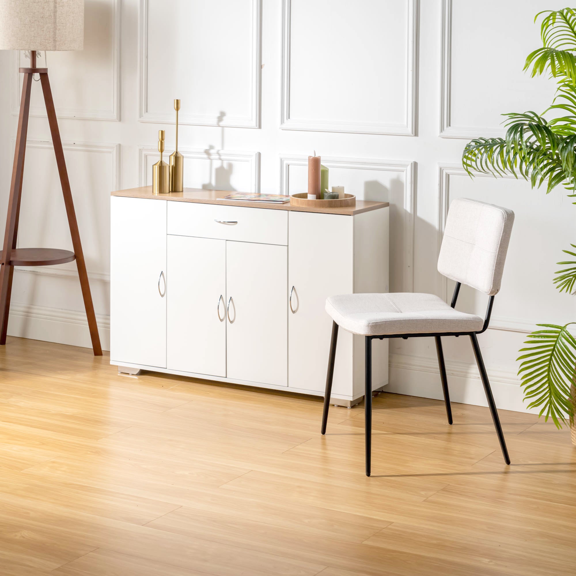BAFFI White Sideboard Buffet Cabinet with Drawer and 4 Doors, Oak Look Top, Living Room Dining Storage