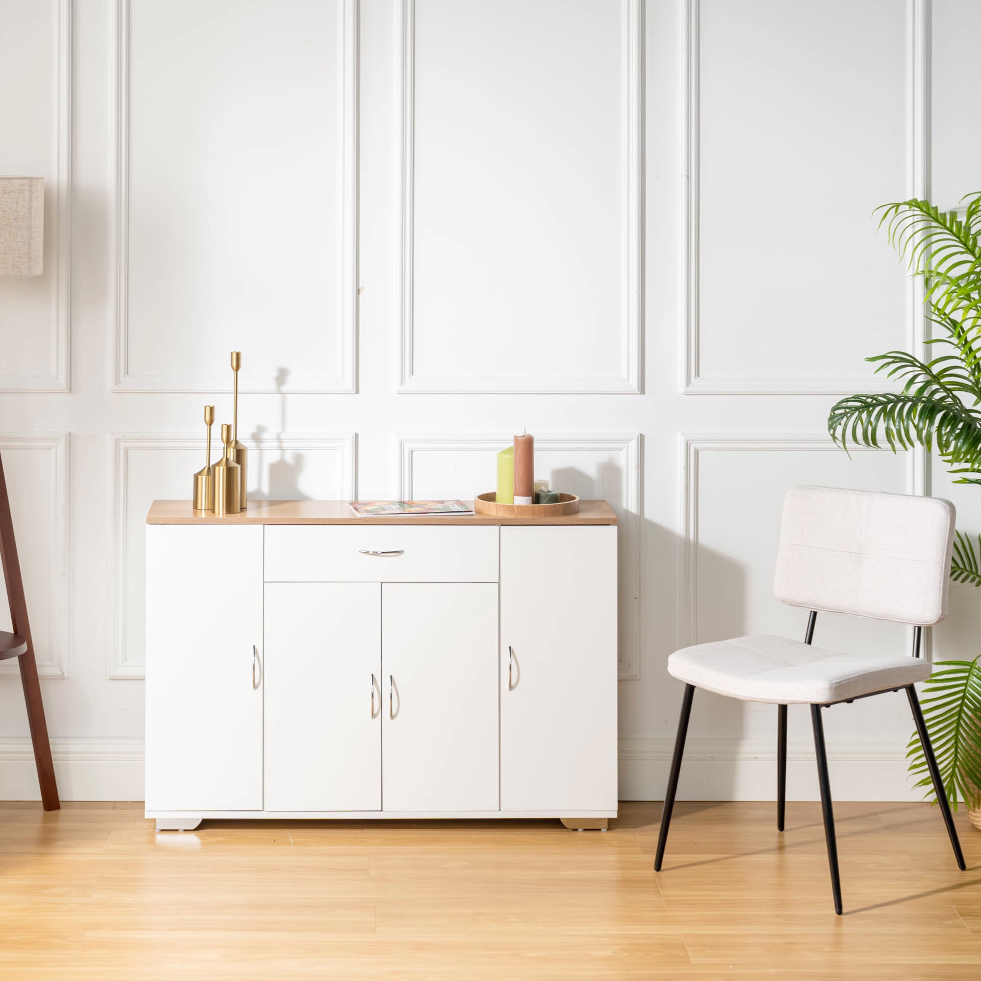 BAFFI White Sideboard Buffet Cabinet with Drawer and 4 Doors, Oak Look Top, Living Room Dining Storage
