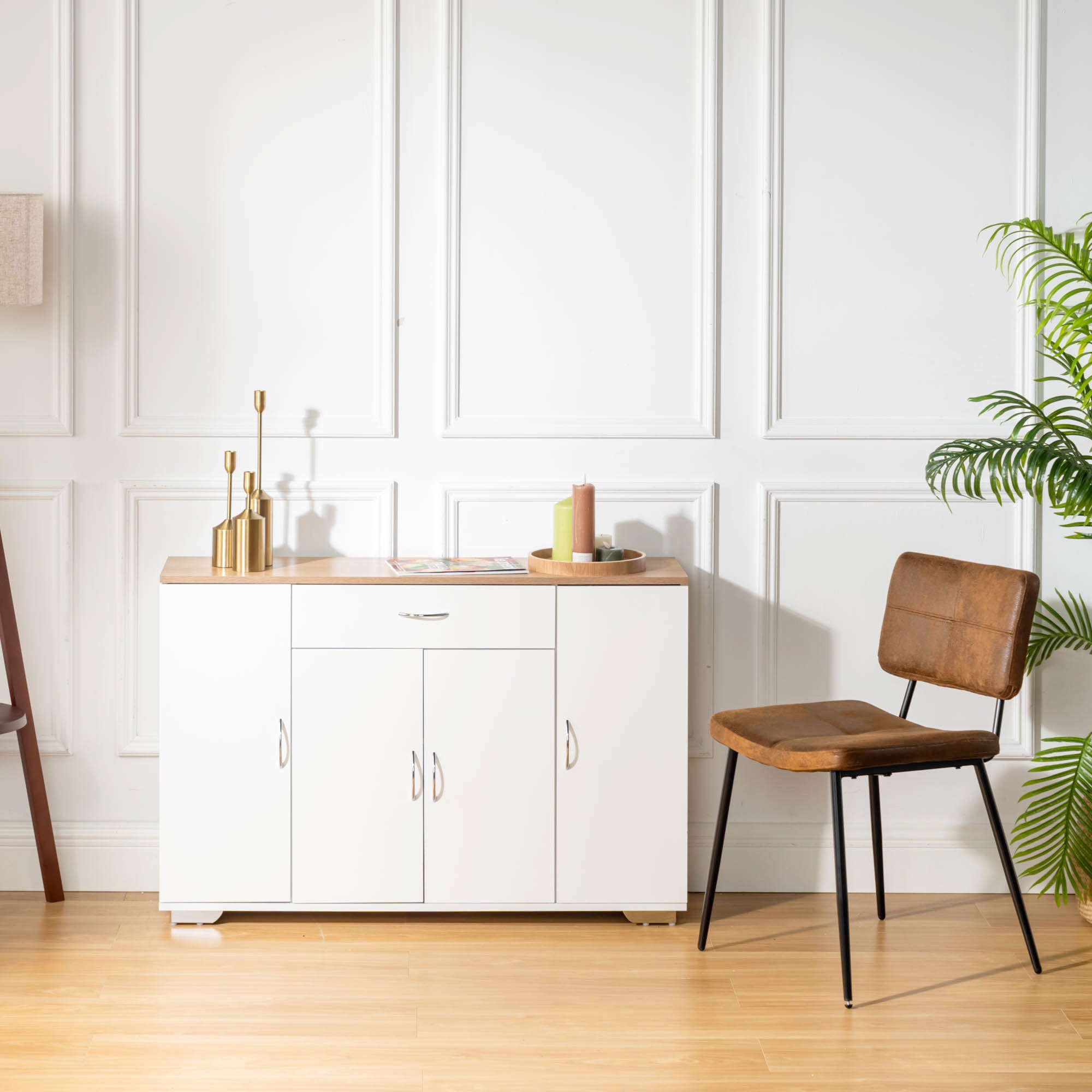 BAFFI White Sideboard Buffet Cabinet with Drawer and 4 Doors, Oak Look Top, Living Room Dining Storage