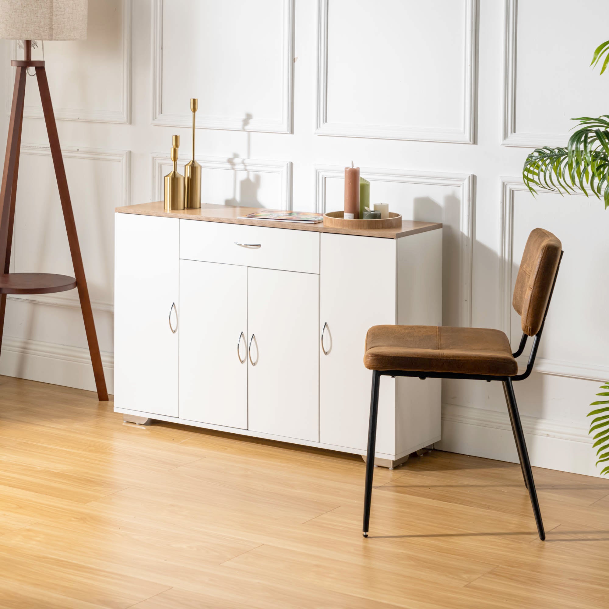 BAFFI White Sideboard Buffet Cabinet with Drawer and 4 Doors, Oak Look Top, Living Room Dining Storage