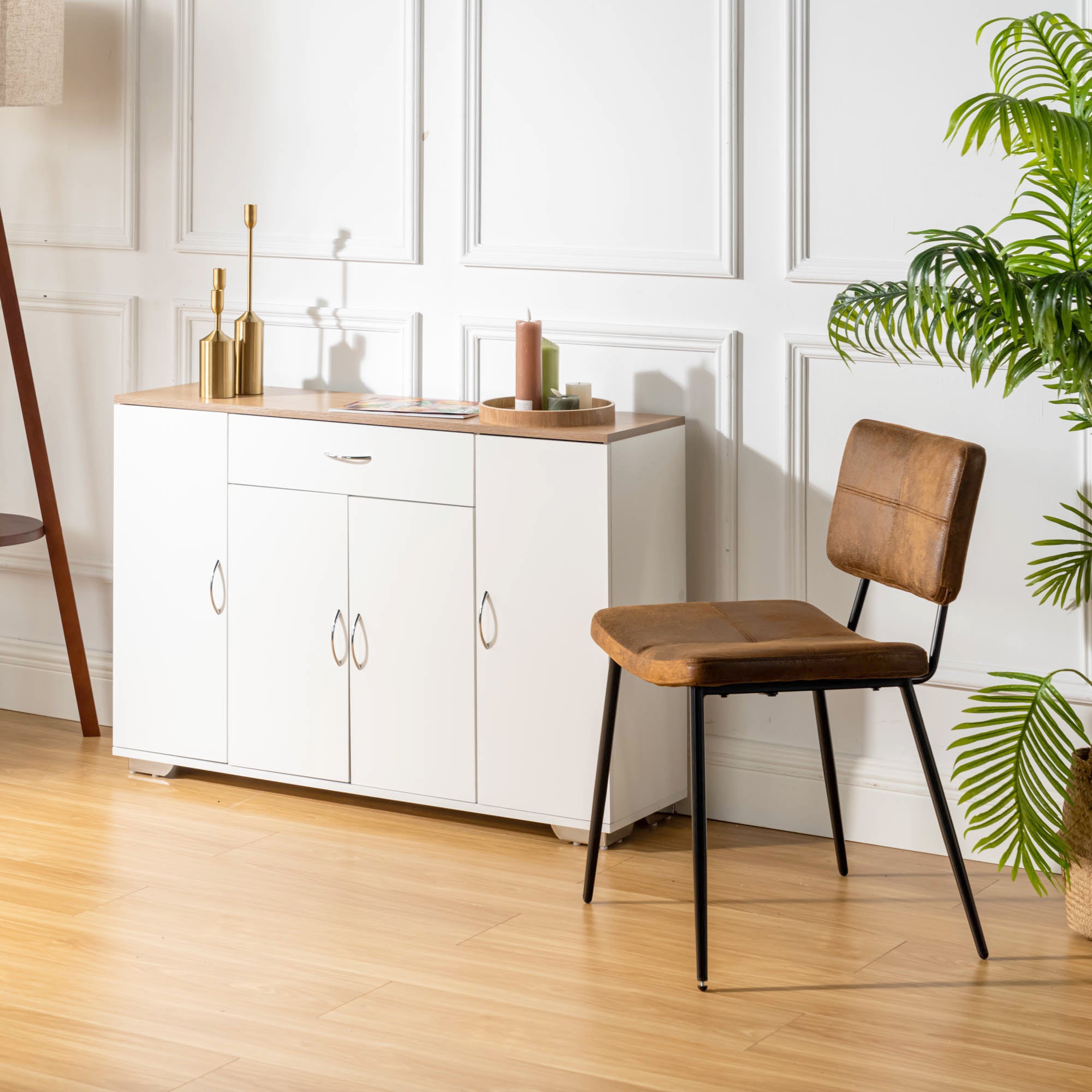 BAFFI White Sideboard Buffet Cabinet with Drawer and 4 Doors, Oak Look Top, Living Room Dining Storage