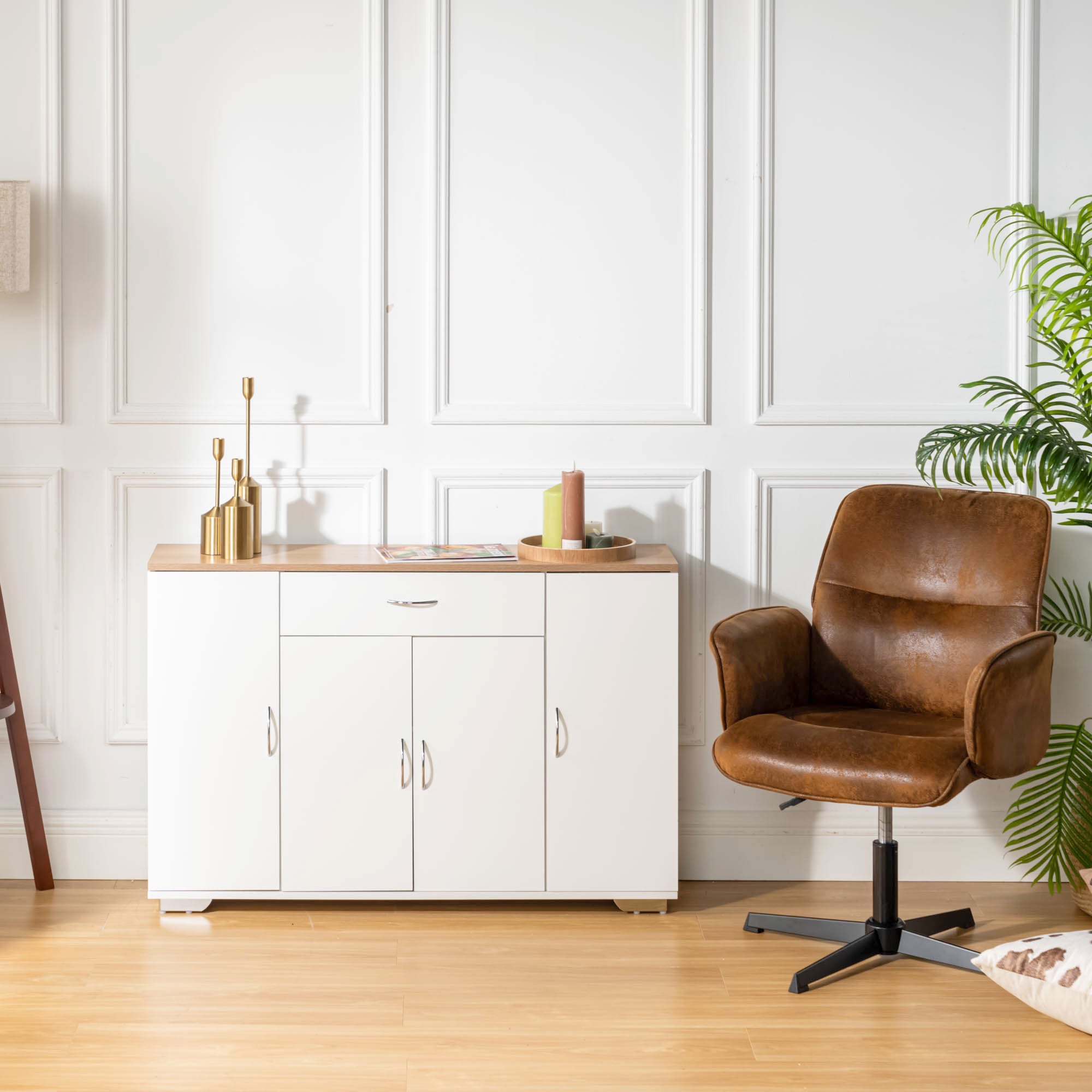 BAFFI White Sideboard Buffet Cabinet with Drawer and 4 Doors, Oak Look Top, Living Room Dining Storage