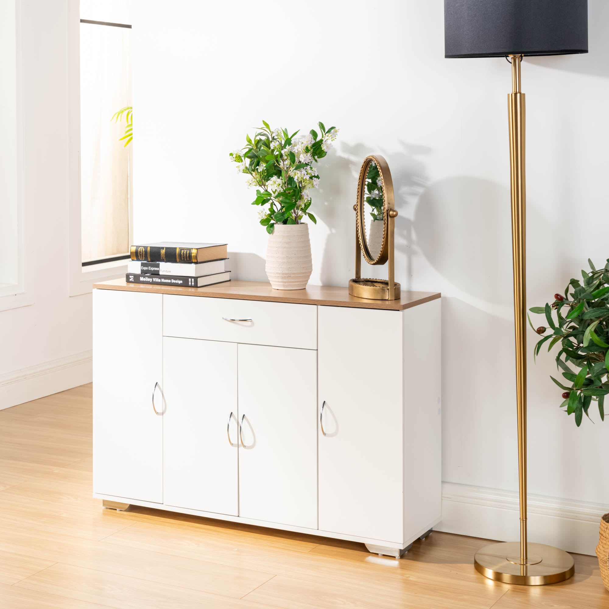 BAFFI White Sideboard Buffet Cabinet with Drawer and 4 Doors, Oak Look Top, Living Room Dining Storage