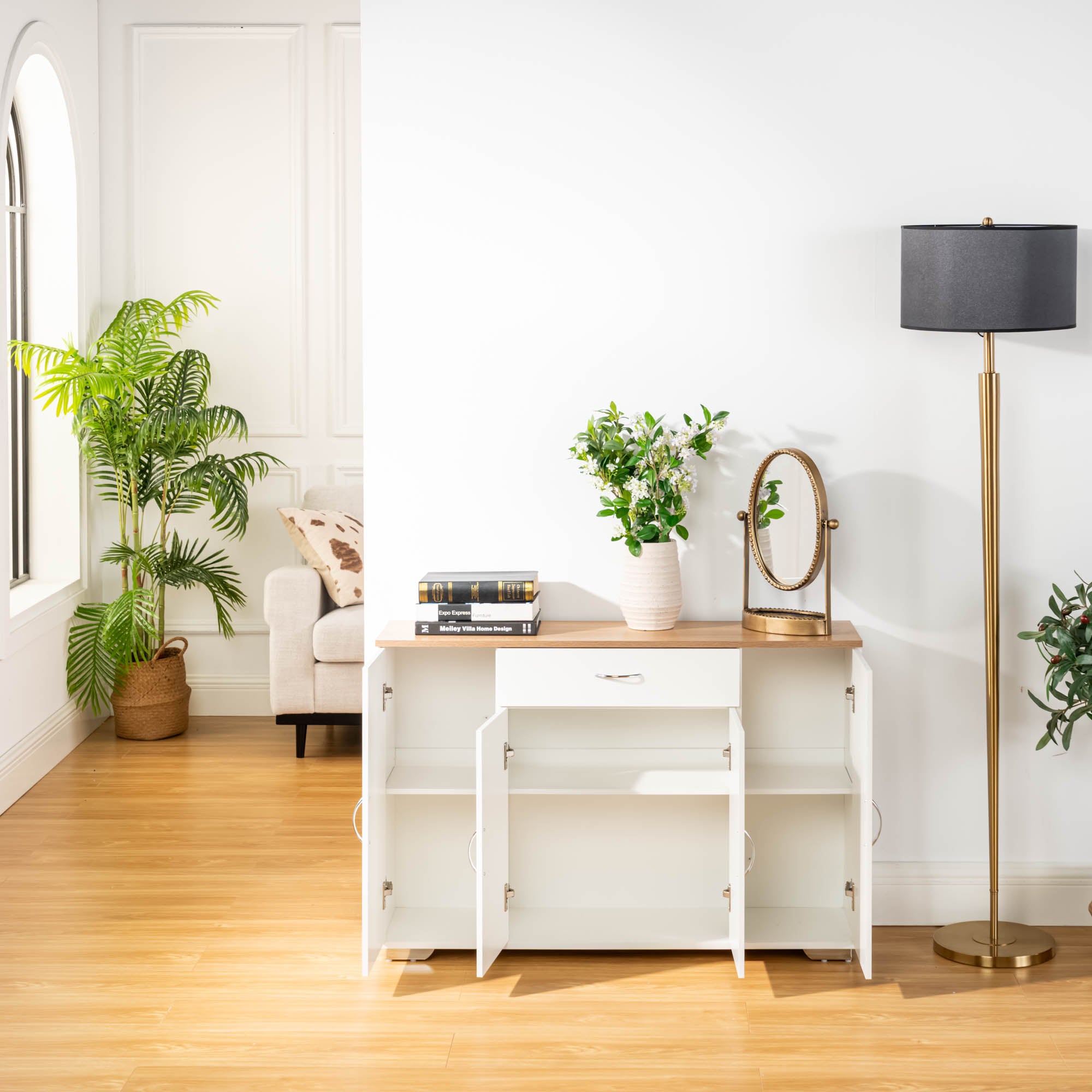 BAFFI White Sideboard Buffet Cabinet with Drawer and 4 Doors, Oak Look Top, Living Room Dining Storage