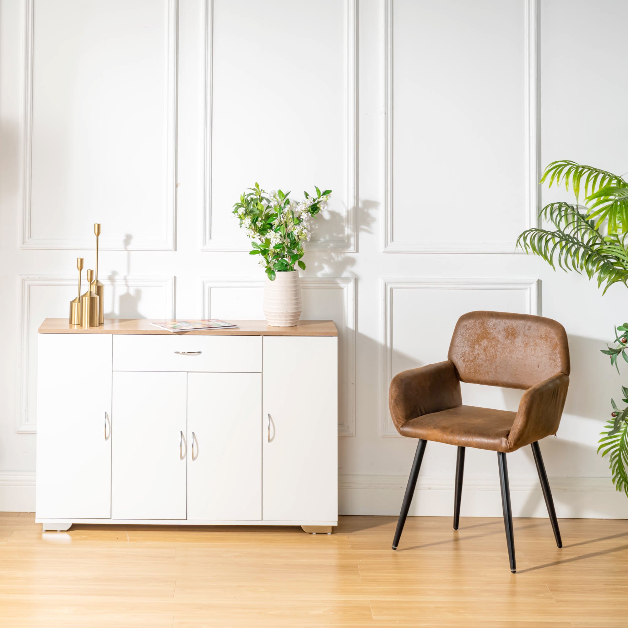 BAFFI White Sideboard Buffet Cabinet with Drawer and 4 Doors, Oak Look Top, Living Room Dining Storage