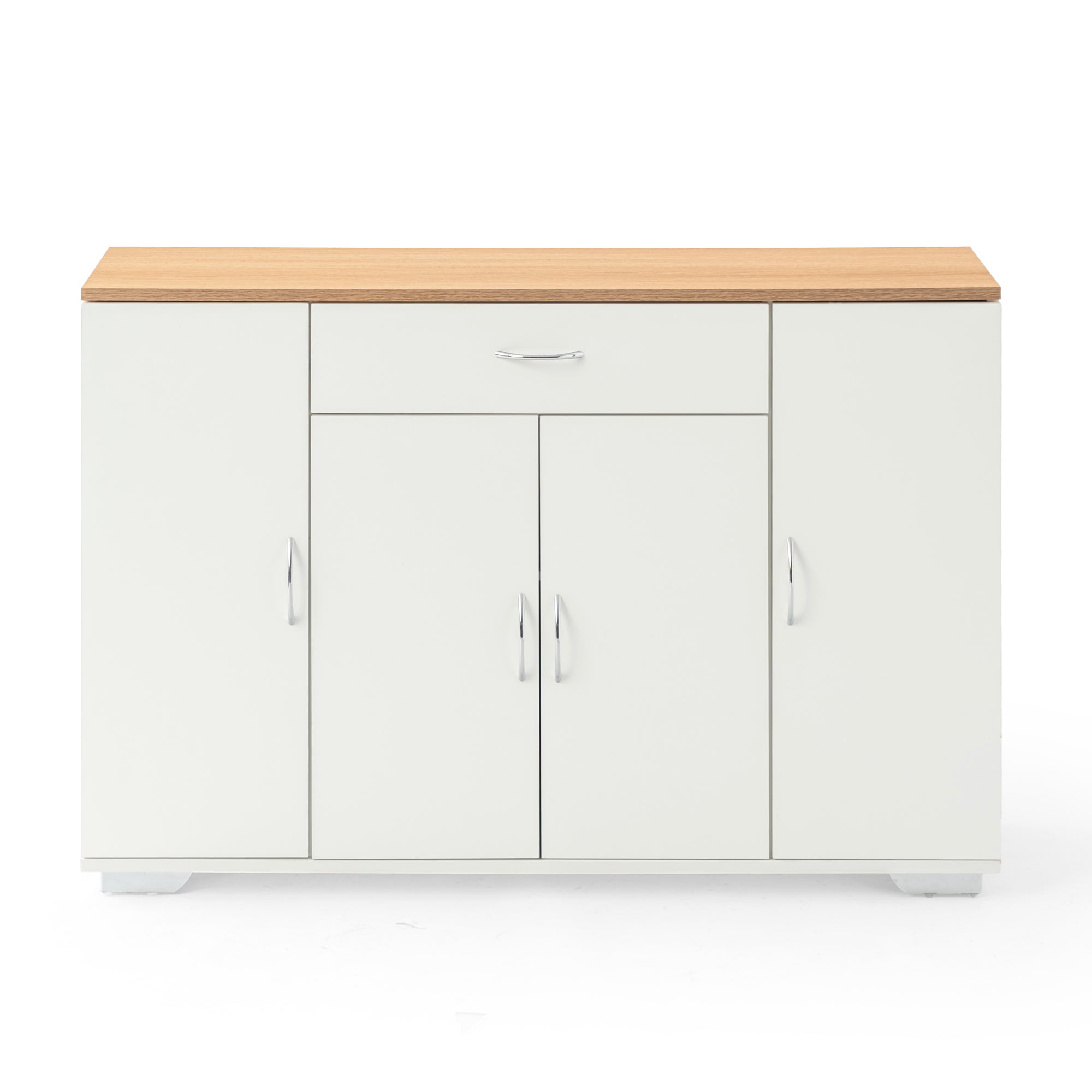 BAFFI White Sideboard Buffet Cabinet with Drawer and 4 Doors, Oak Look Top, Living Room Dining Storage