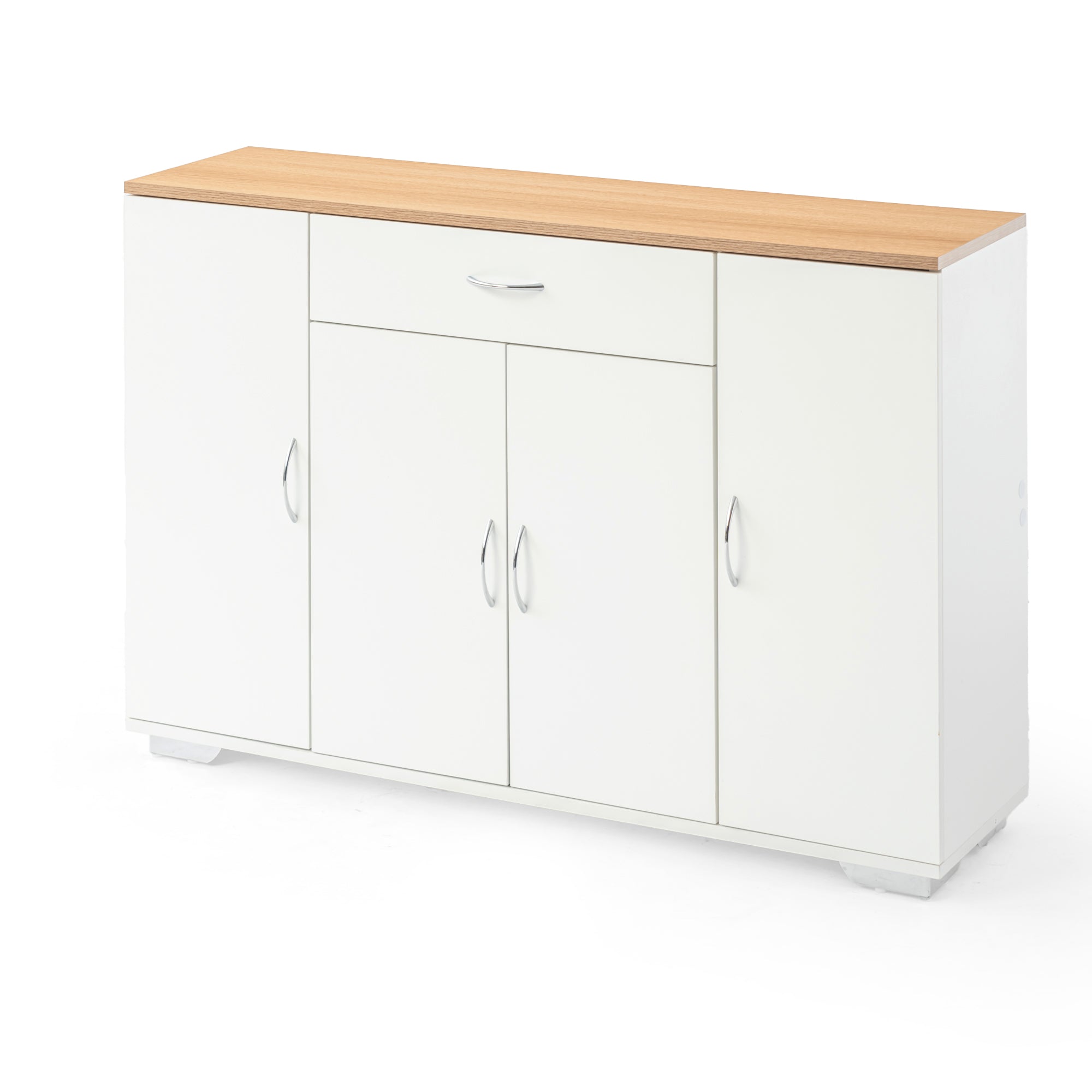 BAFFI White Sideboard Buffet Cabinet with Drawer and 4 Doors, Oak Look Top, Living Room Dining Storage