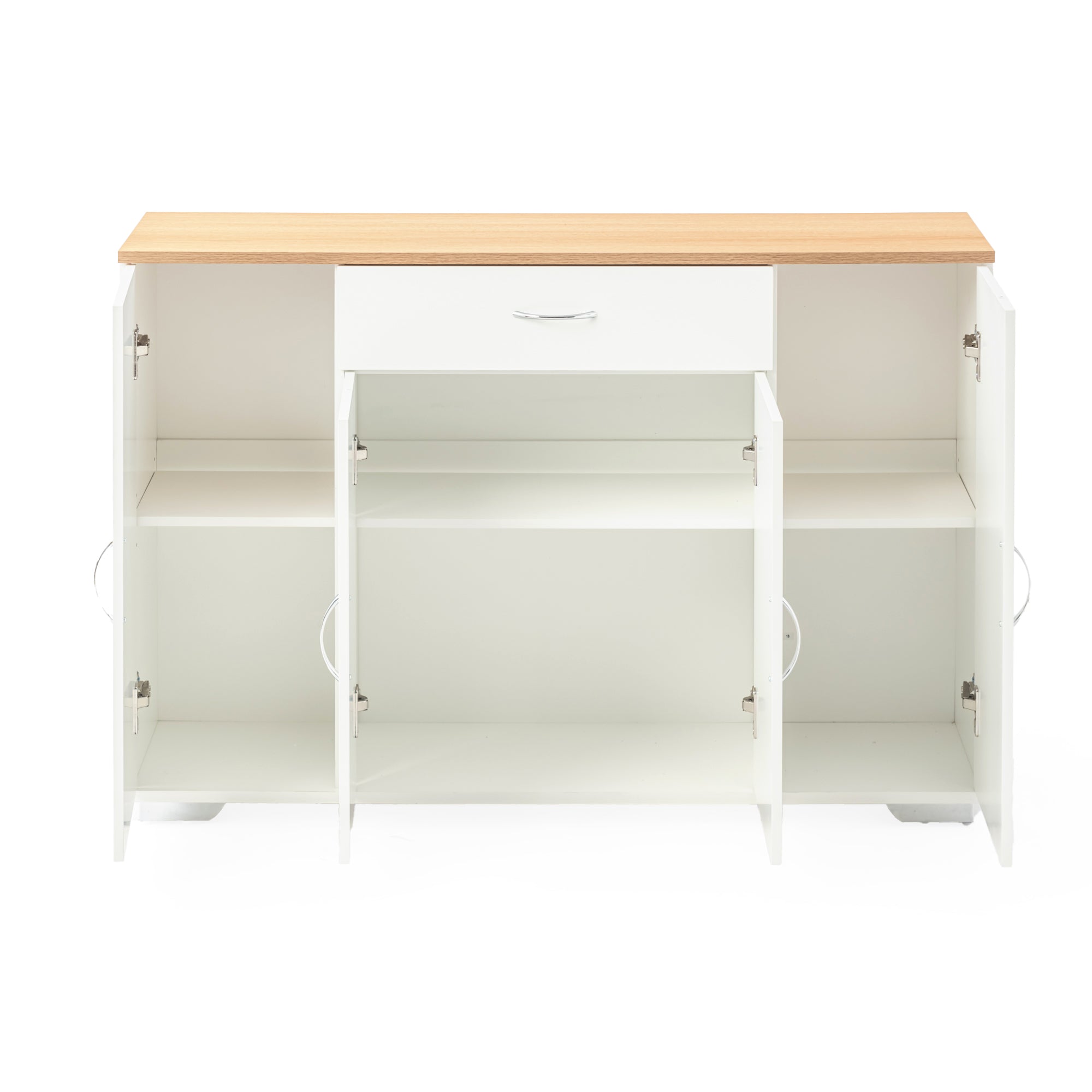 BAFFI White Sideboard Buffet Cabinet with Drawer and 4 Doors, Oak Look Top, Living Room Dining Storage