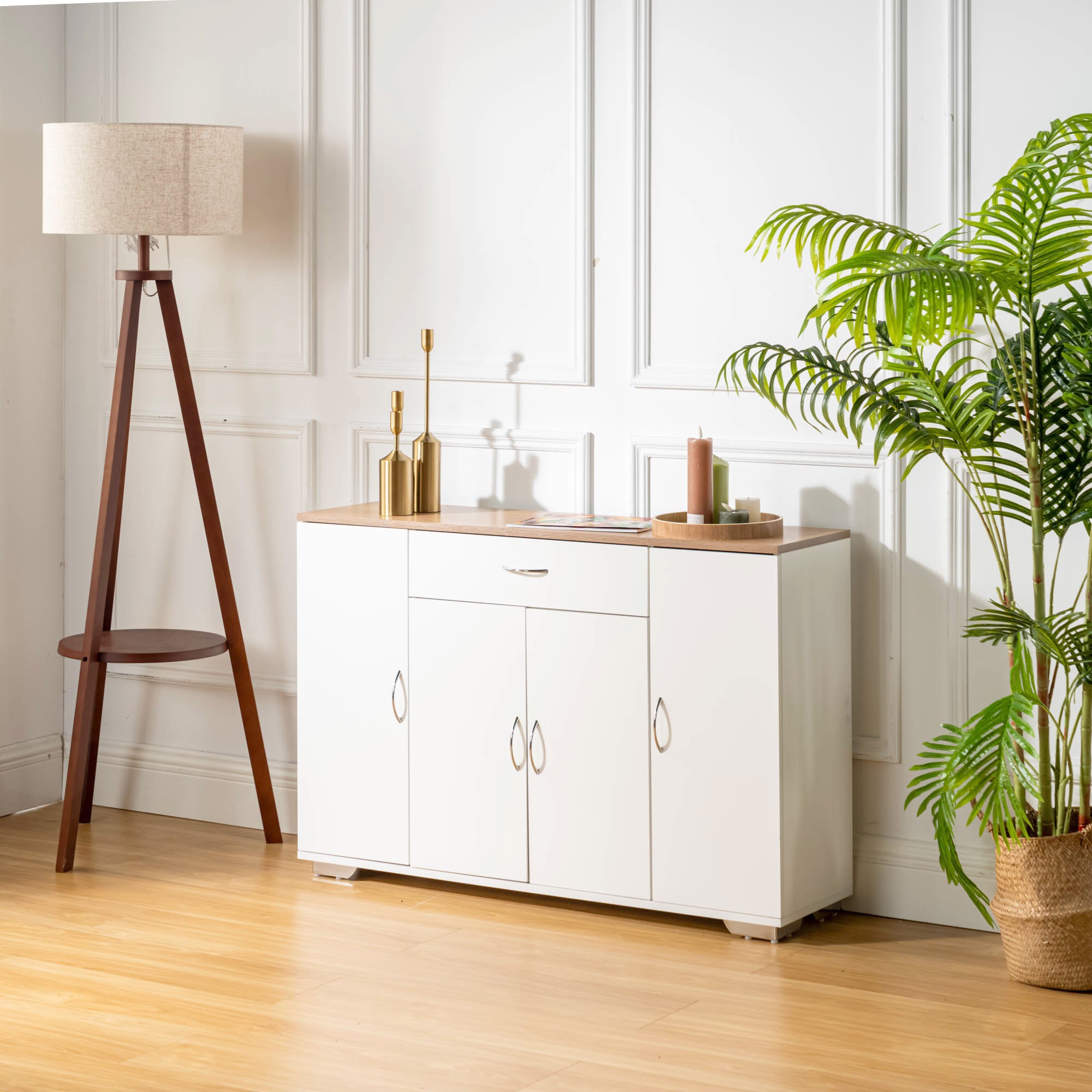 BAFFI White Sideboard Buffet Cabinet with Drawer and 4 Doors, Oak Look Top, Living Room Dining Storage