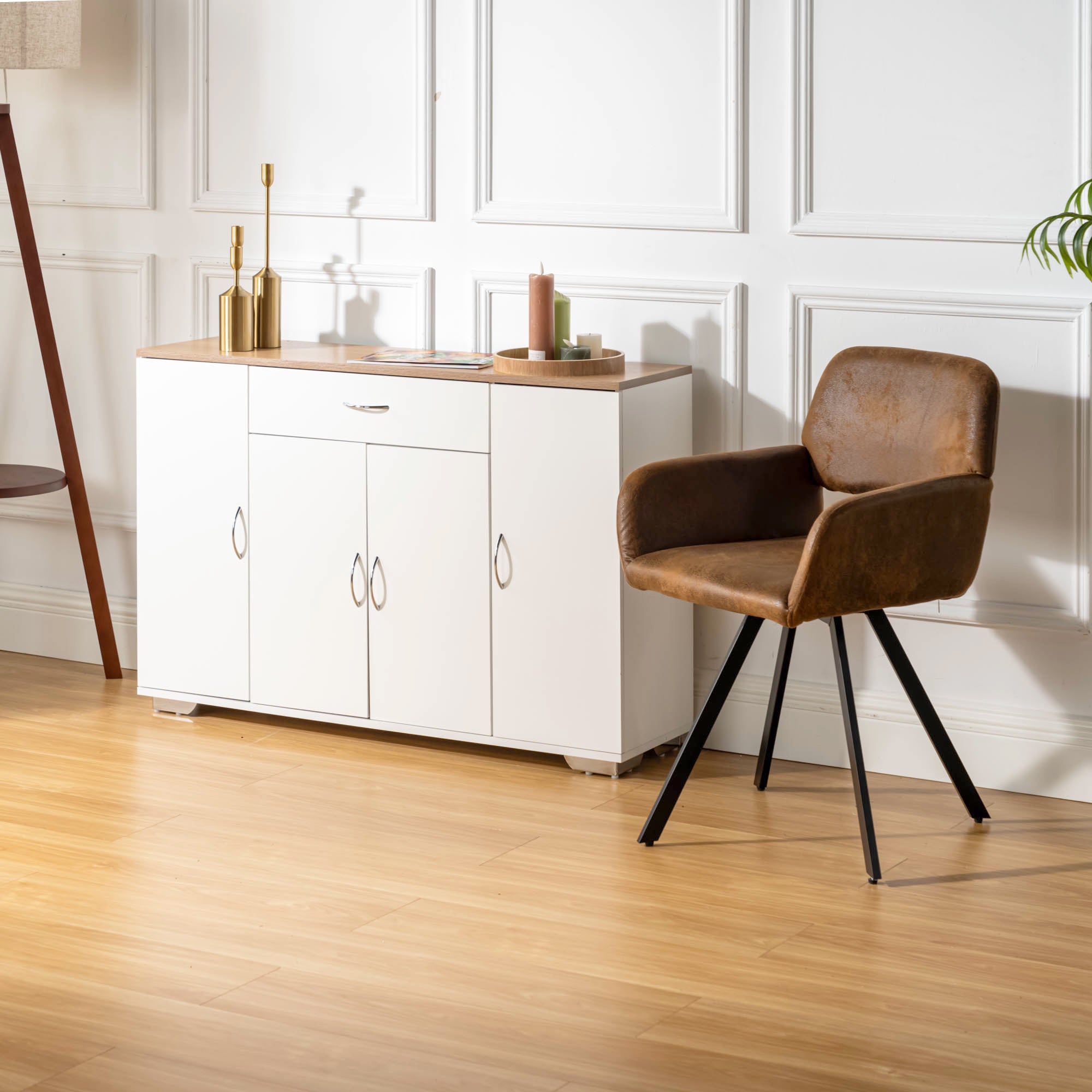 BAFFI White Sideboard Buffet Cabinet with Drawer and 4 Doors, Oak Look Top, Living Room Dining Storage