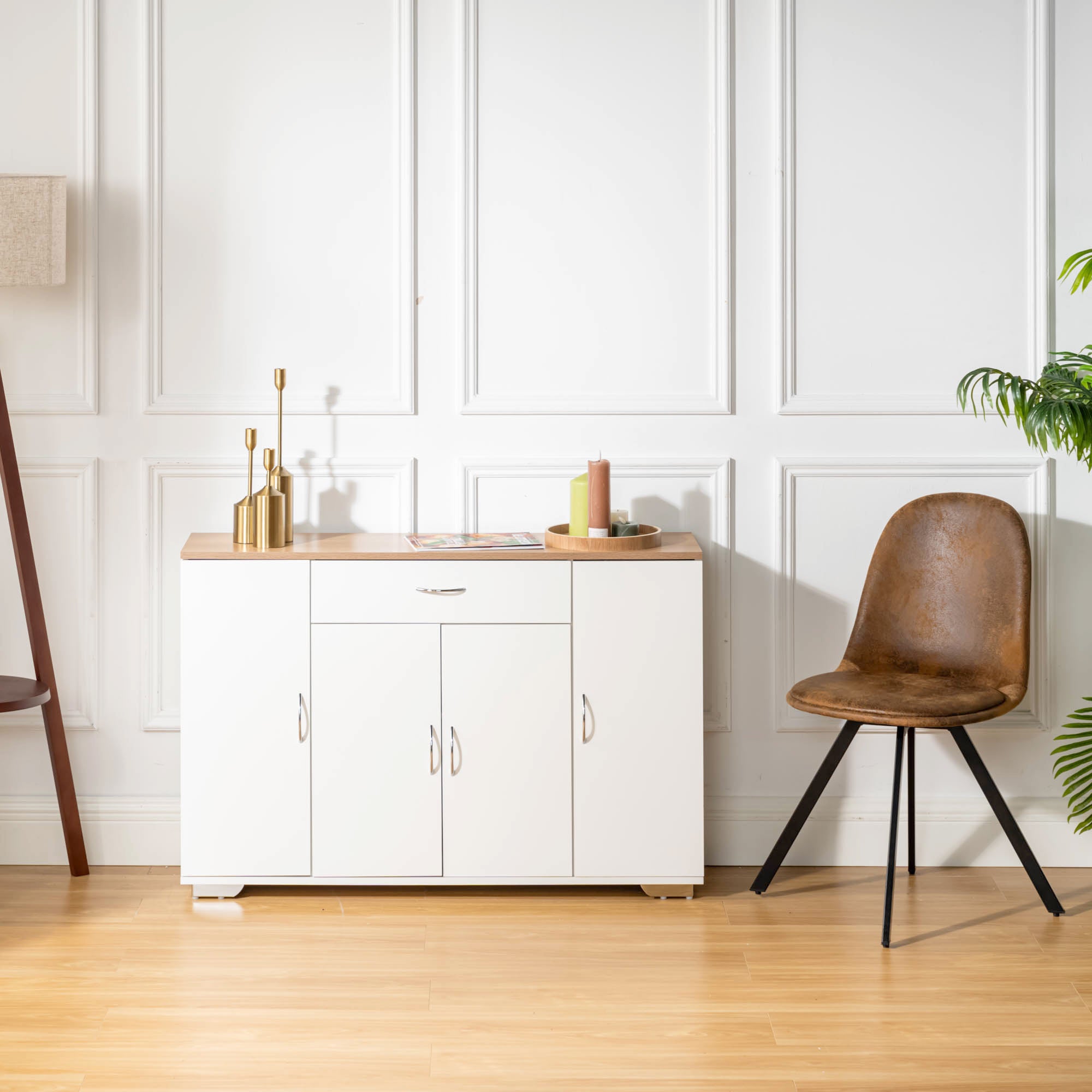 BAFFI White Sideboard Buffet Cabinet with Drawer and 4 Doors, Oak Look Top, Living Room Dining Storage