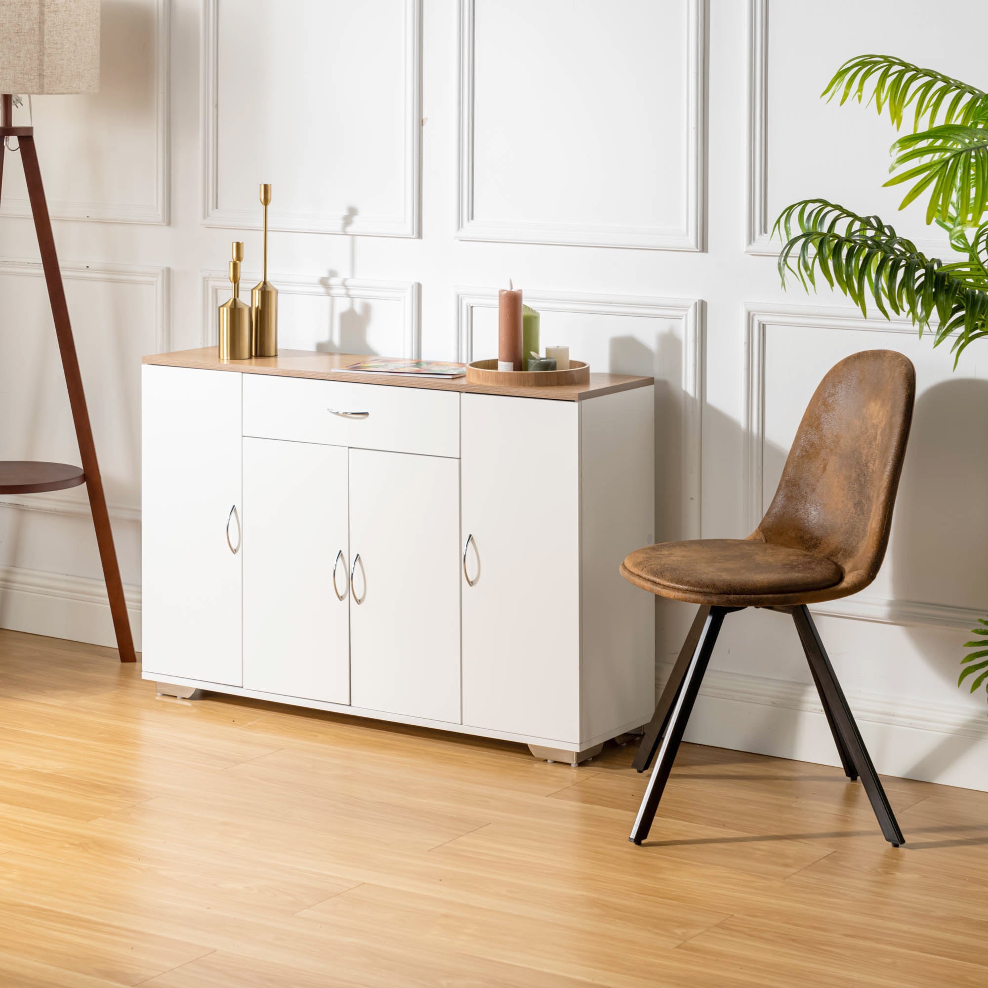 BAFFI White Sideboard Buffet Cabinet with Drawer and 4 Doors, Oak Look Top, Living Room Dining Storage