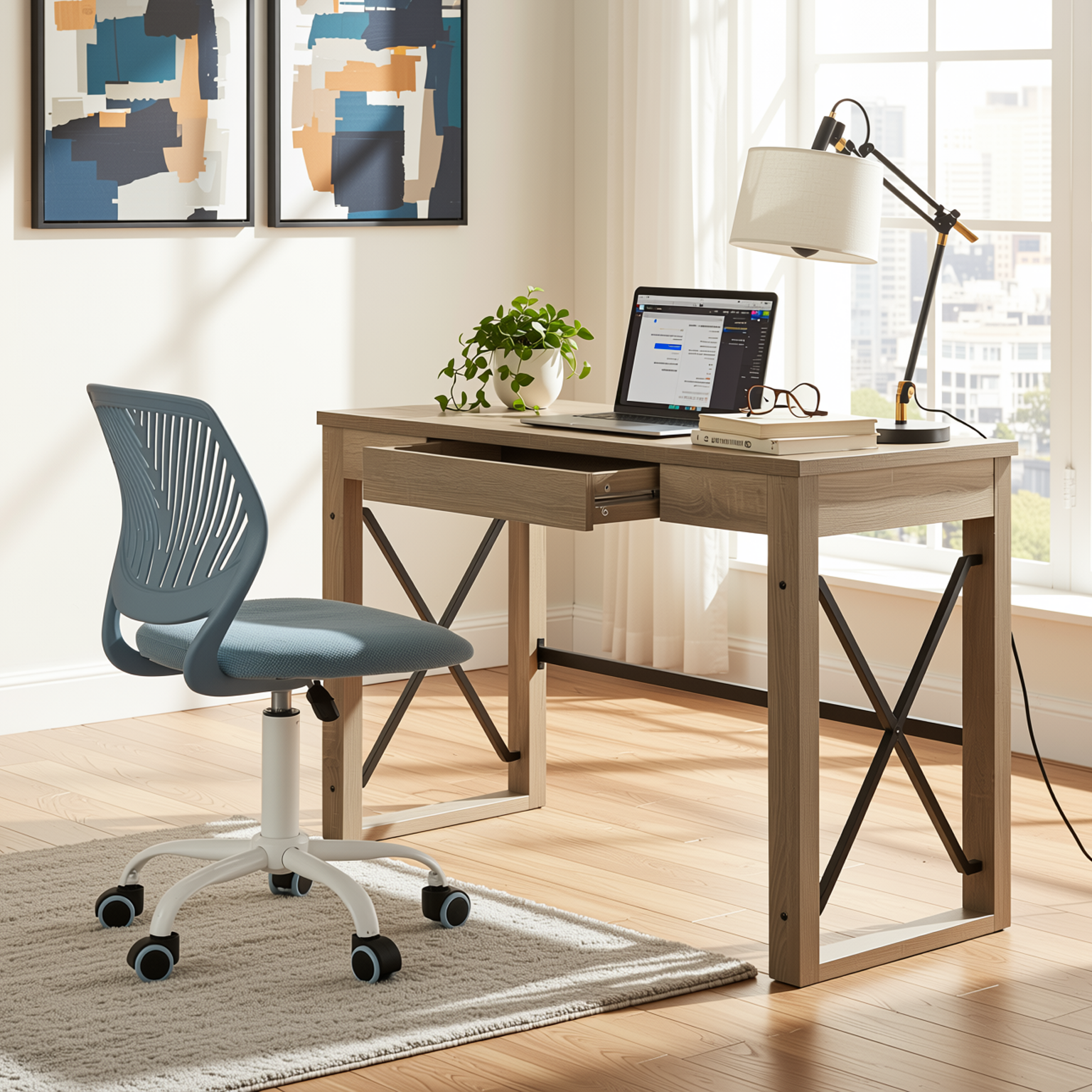 Homy Casa TULIP+CARANTION 2PC Furniture Set Computer Desk and Office Chair in Sonoma Oak and Light Blue Open Box