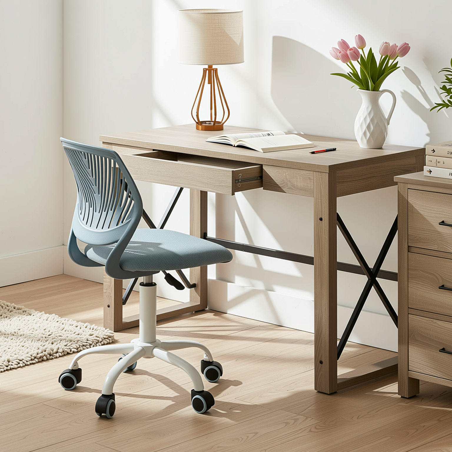 Homy Casa TULIP+CARANTION 2PC Furniture Set Computer Desk and Office Chair in Sonoma Oak and Light Blue Open Box