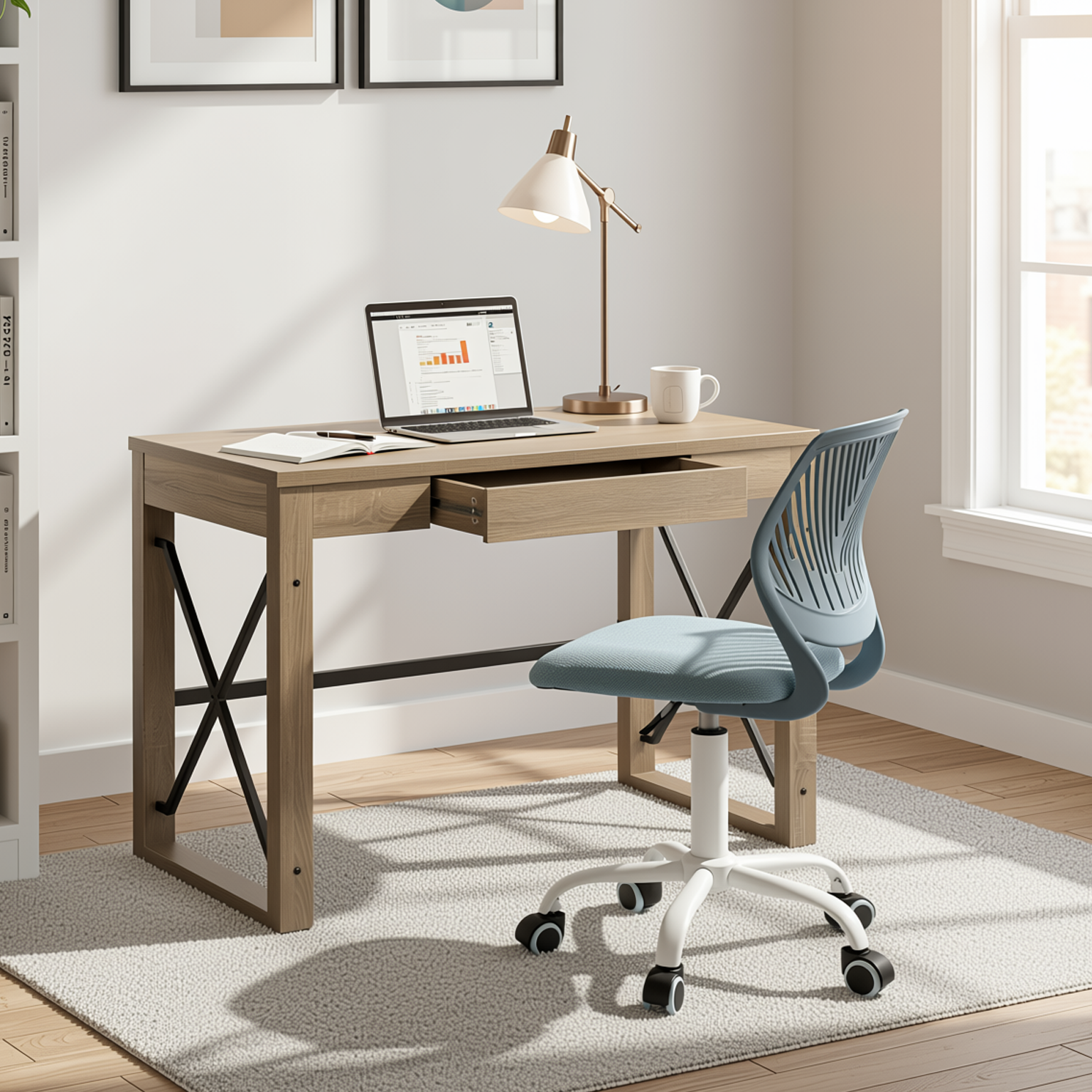 Homy Casa TULIP+CARANTION 2PC Furniture Set Computer Desk and Office Chair in Sonoma Oak and Light Blue Open Box