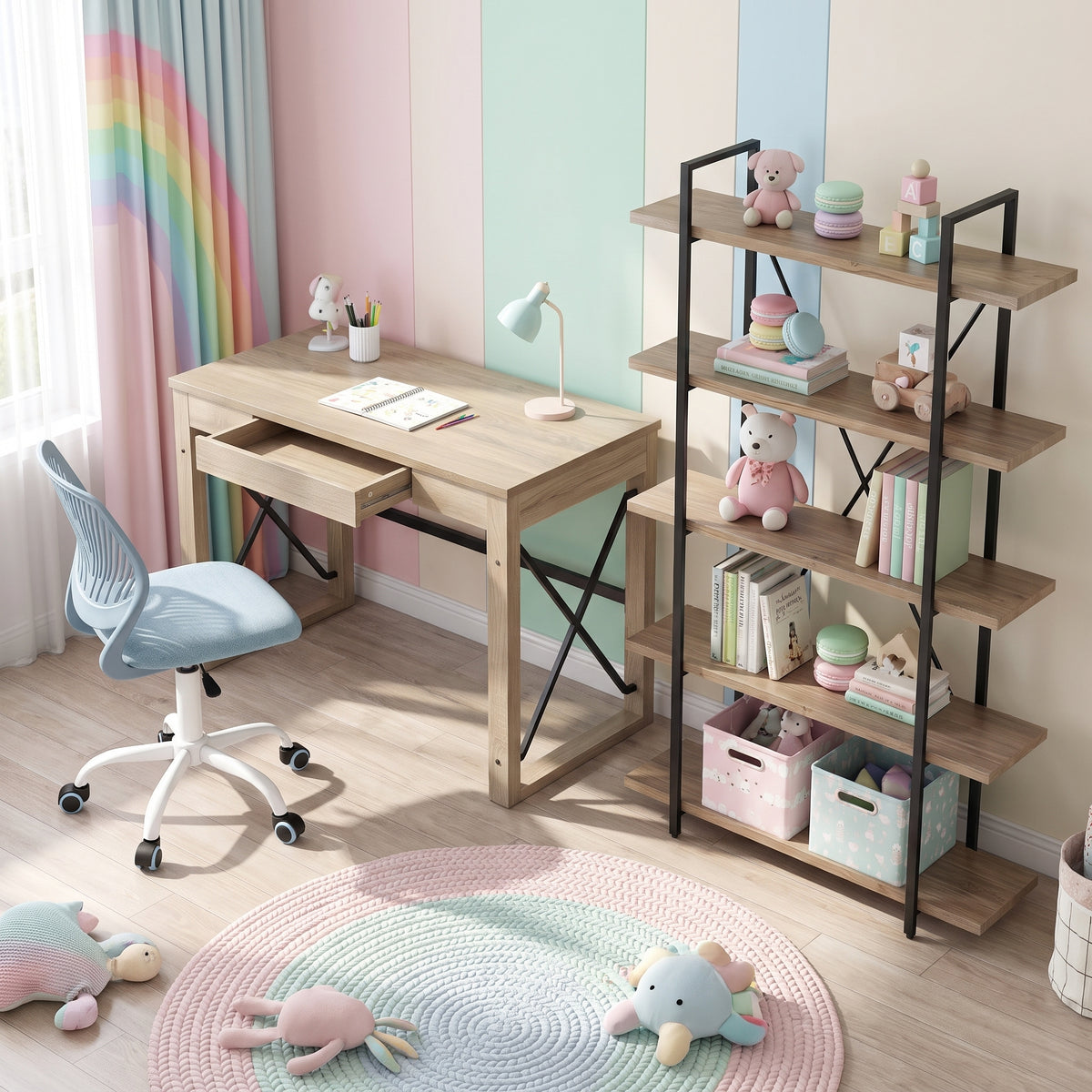 Homy Casa TULIP+CARNATION+LACK 3PC Office Furniture Set with Computer Desk, Light Blue Office Chair and 5-Tier Shelf Open Box