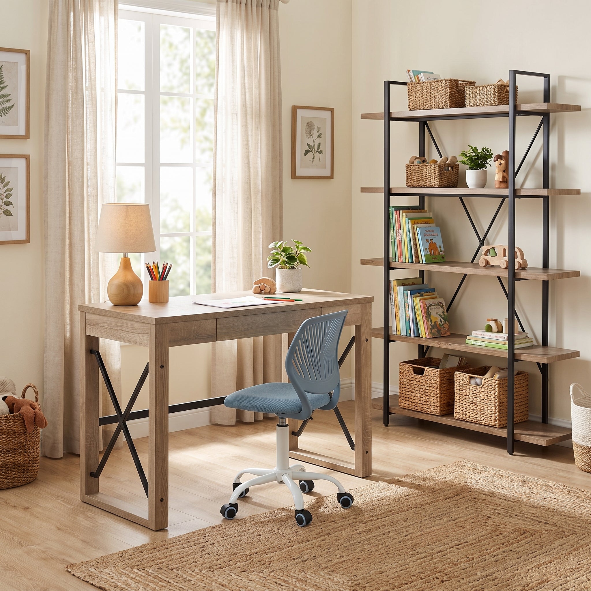 Homy Casa TULIP+CARNATION+LACK 3PC Office Furniture Set with Computer Desk, Light Blue Office Chair and 5-Tier Shelf Open Box