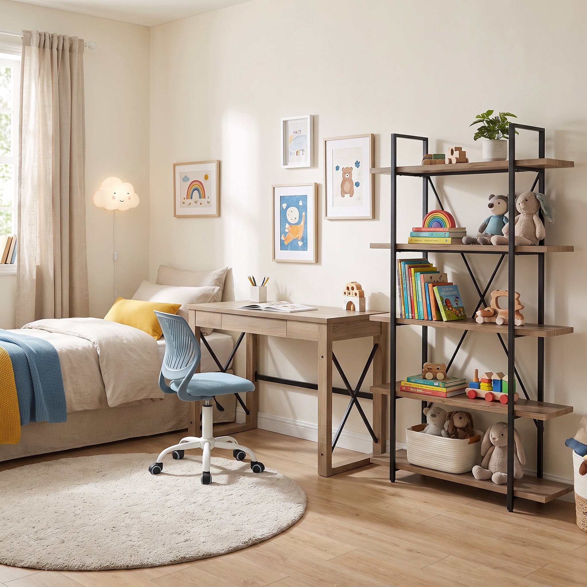 Homy Casa TULIP+CARNATION+LACK 3PC Office Furniture Set with Computer Desk, Light Blue Office Chair and 5-Tier Shelf Open Box