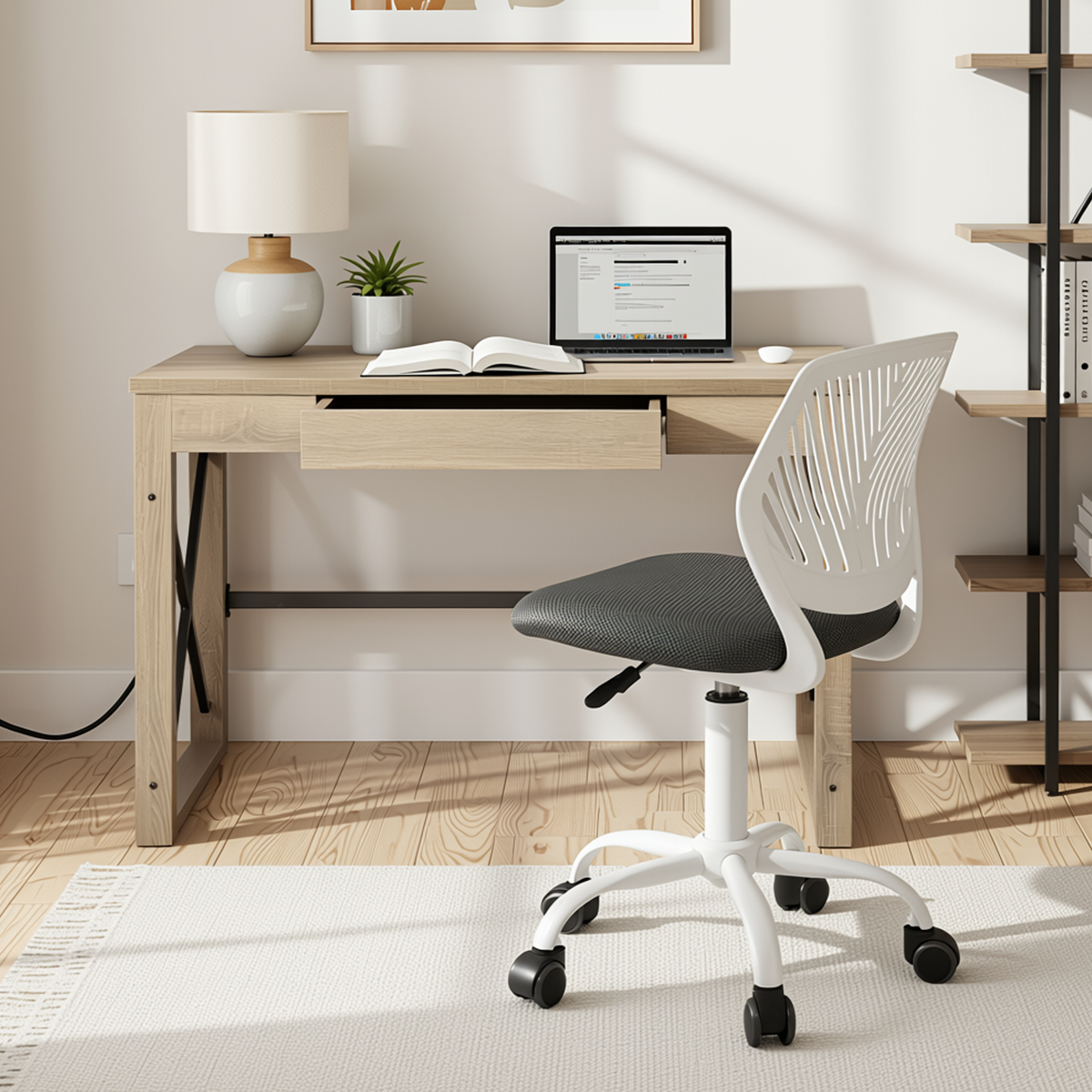 Homy Casa TULIP+CARANTION 2PC Home Office Furniture Set 44.1” Natural Writing Desk with Drawer and Grey Adjustable Swivel Office Chair Open Box