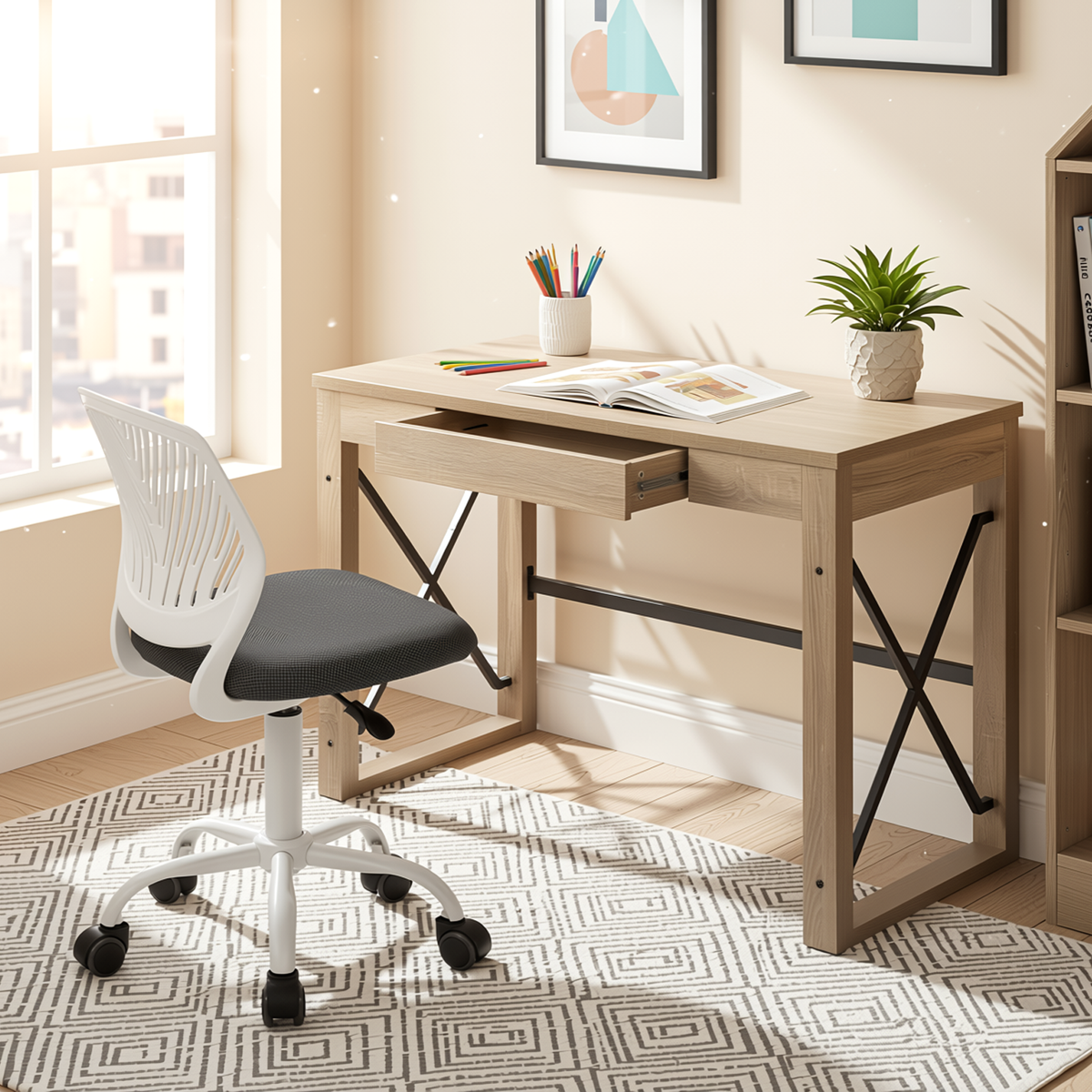 Homy Casa TULIP+CARANTION 2PC Home Office Furniture Set 44.1” Natural Writing Desk with Drawer and Grey Adjustable Swivel Office Chair Open Box