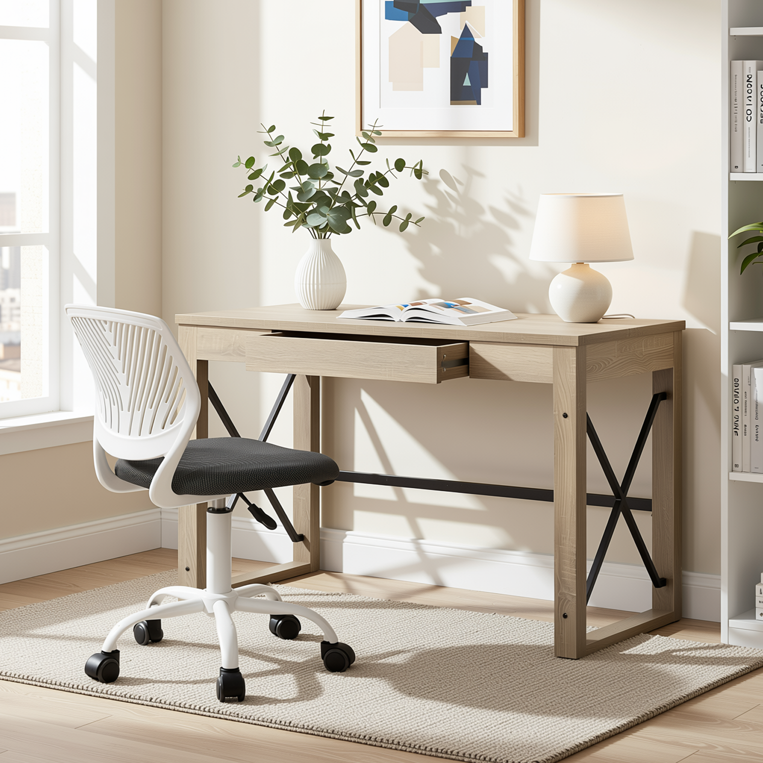 Homy Casa TULIP+CARANTION 2PC Home Office Furniture Set 44.1” Natural Writing Desk with Drawer and Grey Adjustable Swivel Office Chair Open Box