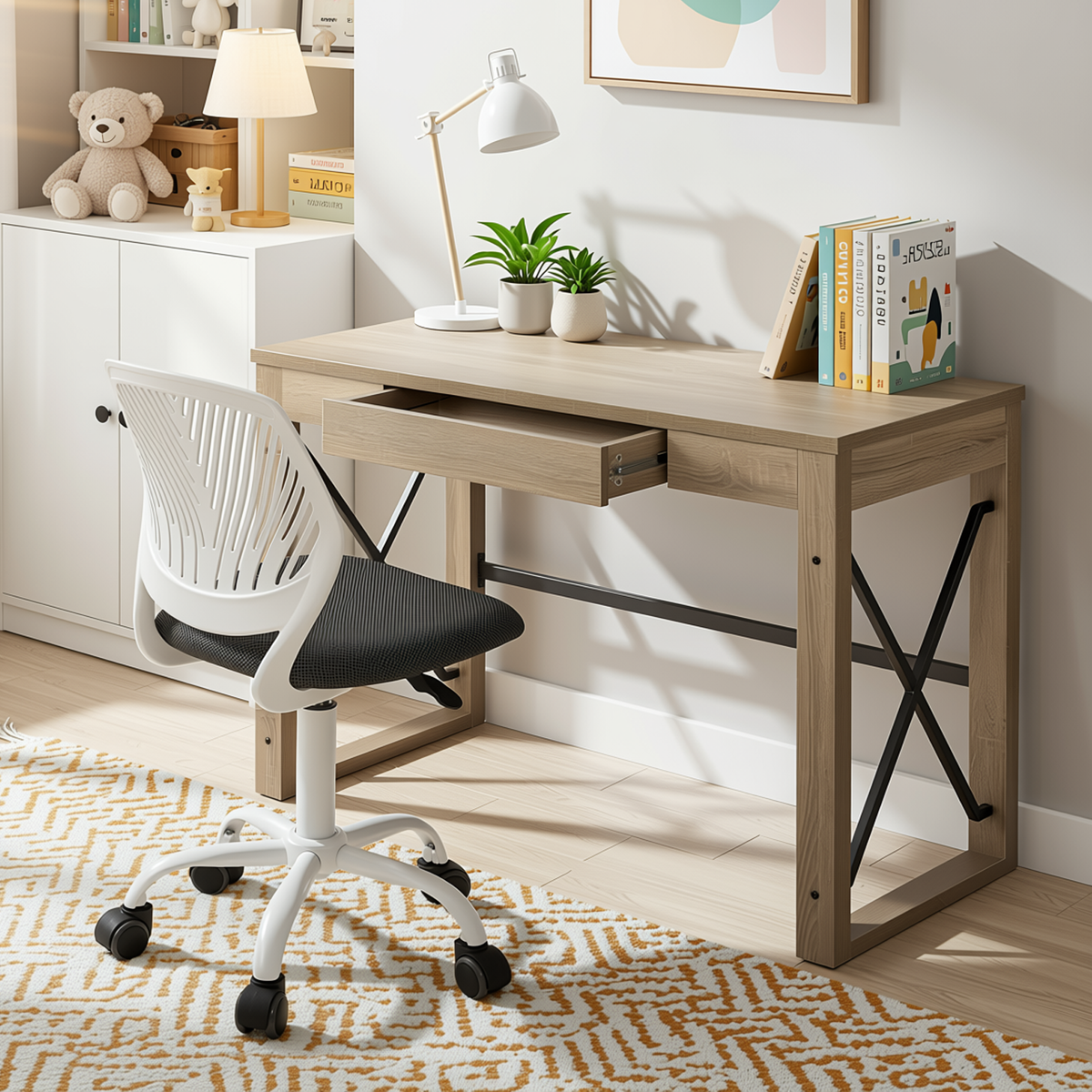 Homy Casa TULIP+CARANTION 2PC Home Office Furniture Set 44.1” Natural Writing Desk with Drawer and Grey Adjustable Swivel Office Chair Open Box