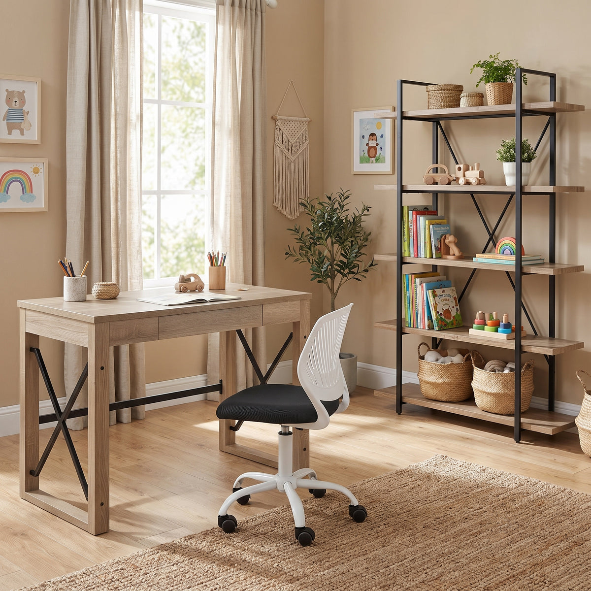 Homy Casa TULIP+CARNATION+LACK 3PC Furniture Set with Computer Desk, Office Chair and 5-Tier Shelf Open Box