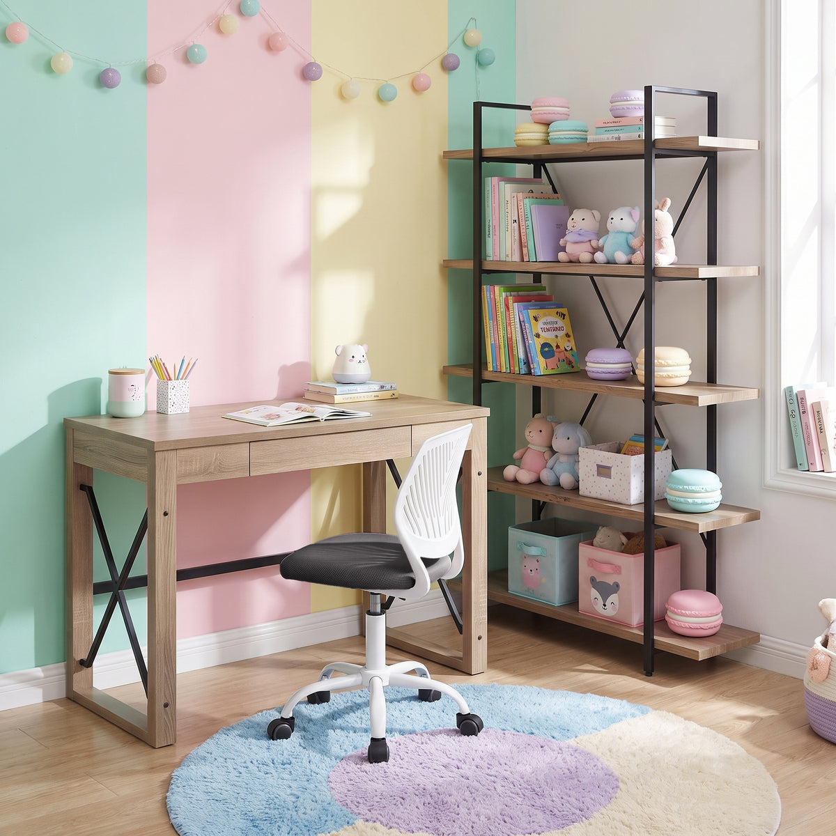 Homy Casa TULIP+CARNATION+LACK 3PC Furniture Set with Computer Desk, Office Chair and 5-Tier Shelf Open Box