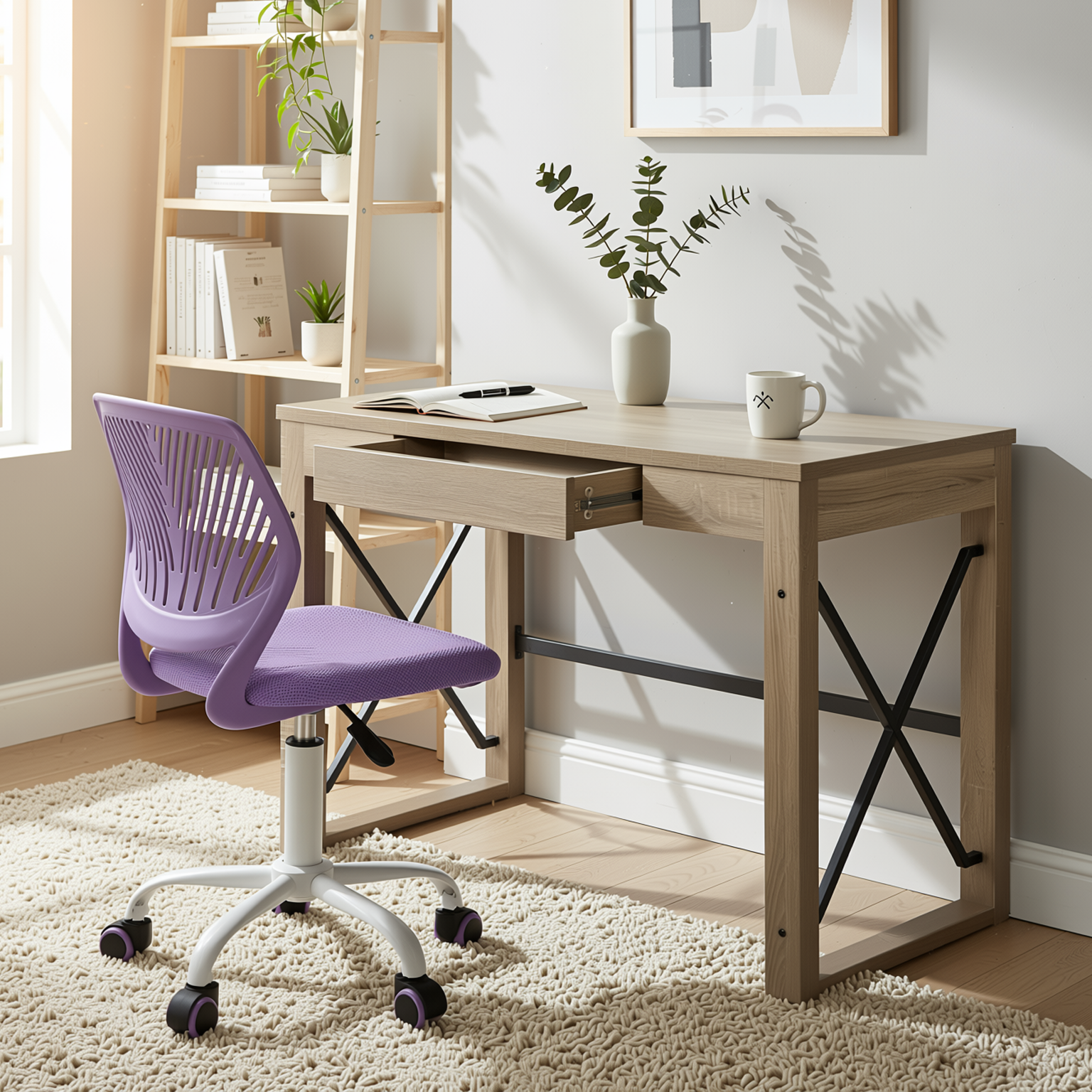 Homy Casa TULIP+CARANTION 2PC Office Furniture Set Computer Desk and Purple Mesh Office Chair with Drawer in Sonoma Oak and Light Blue Open Box