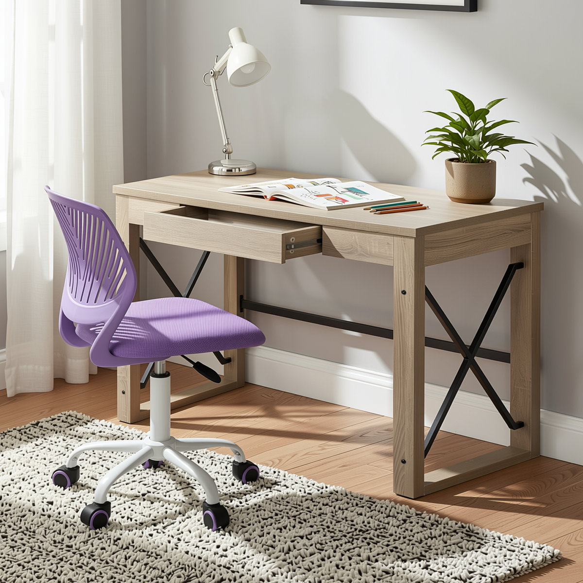 Homy Casa TULIP+CARANTION 2PC Office Furniture Set Computer Desk and Purple Mesh Office Chair with Drawer in Sonoma Oak and Light Blue Open Box