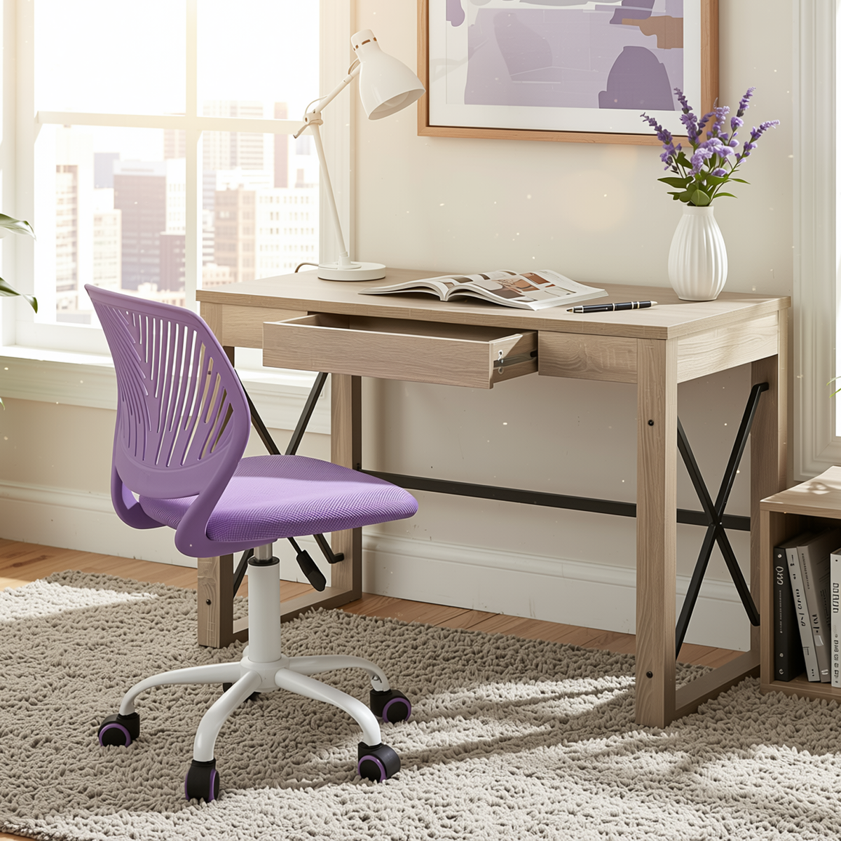 Homy Casa TULIP+CARANTION 2PC Office Furniture Set Computer Desk and Purple Mesh Office Chair with Drawer in Sonoma Oak and Light Blue Open Box