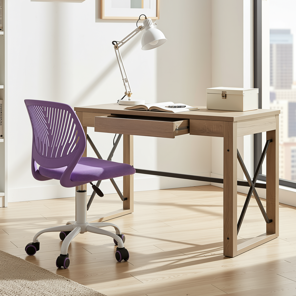 Homy Casa TULIP+CARANTION 2PC Office Furniture Set Computer Desk and Purple Mesh Office Chair with Drawer in Sonoma Oak and Light Blue Open Box