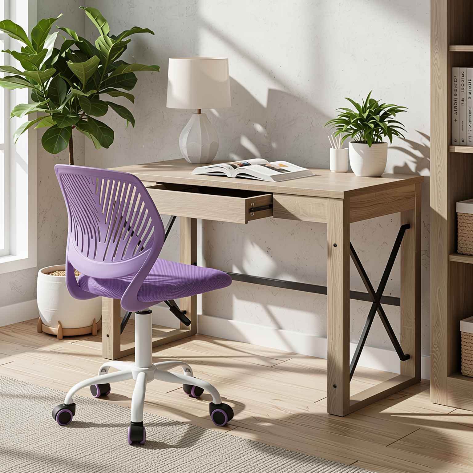 Homy Casa TULIP+CARANTION 2PC Office Furniture Set Computer Desk and Purple Mesh Office Chair with Drawer in Sonoma Oak and Light Blue Open Box