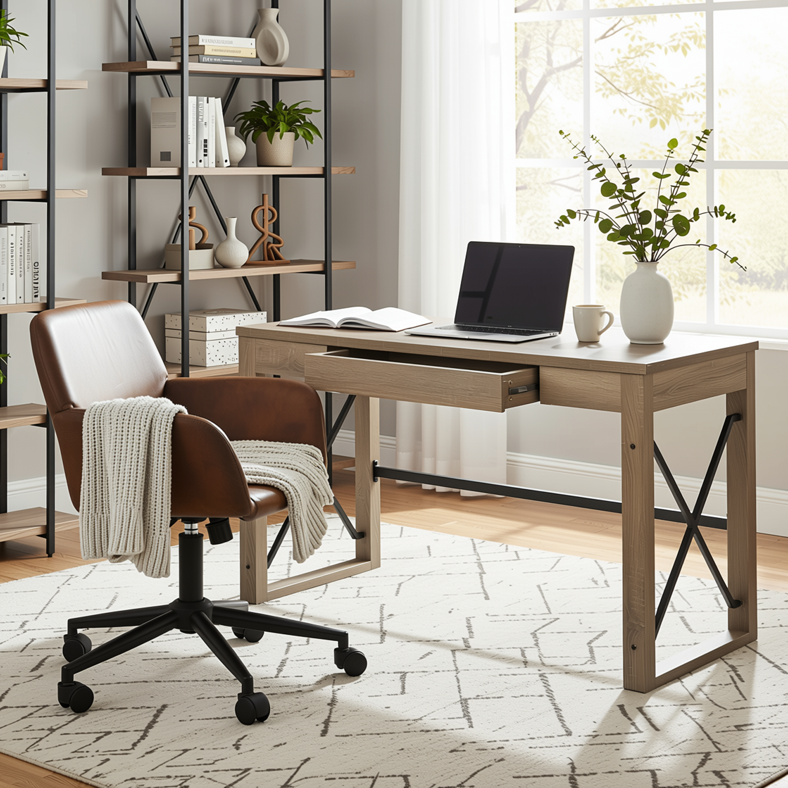 Homy Casa TULIP+ROSS 2PC Office Furniture Set with Computer Desk and Brown Faux Suede Office Chair Open Box