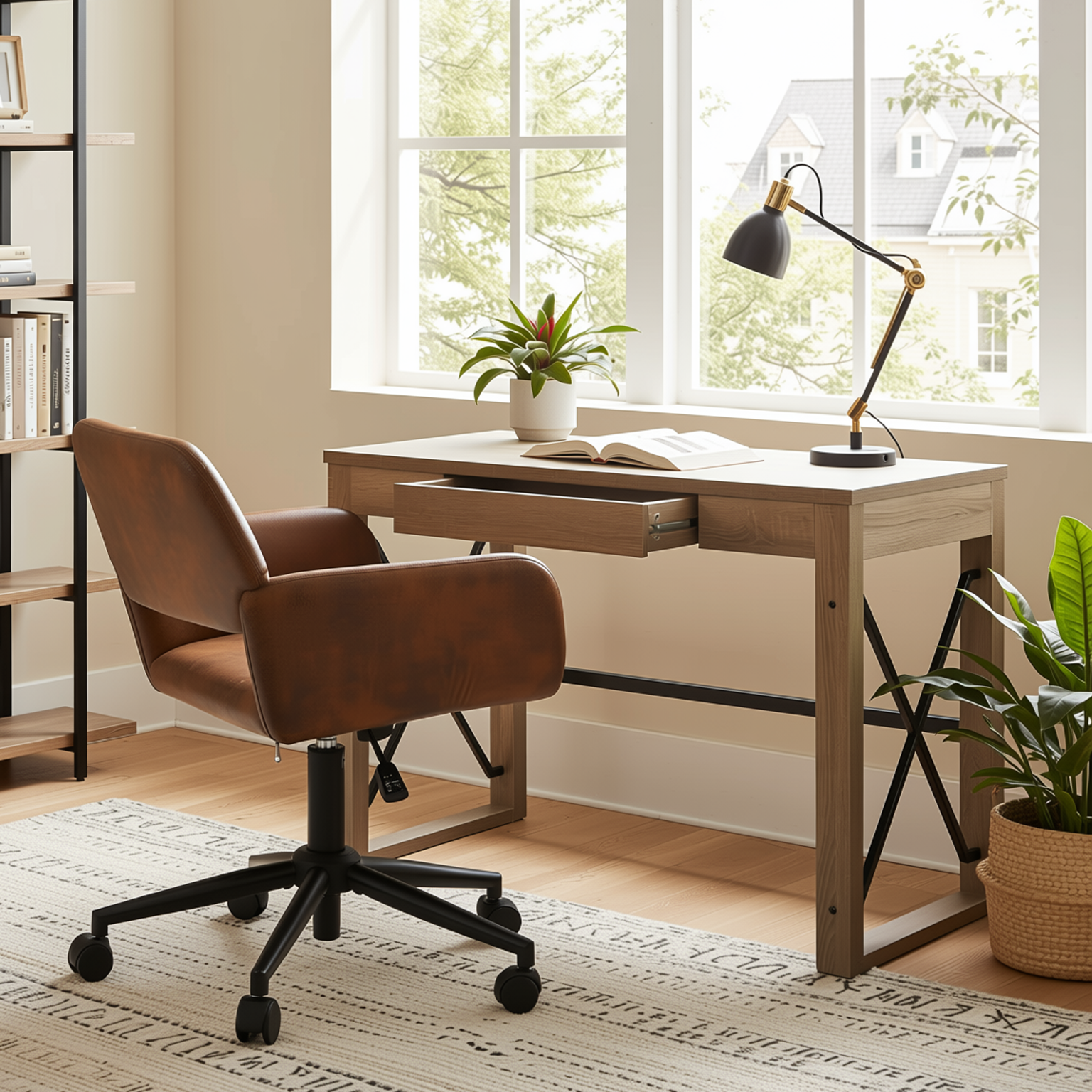 Homy Casa TULIP+ROSS 2PC Office Furniture Set with Computer Desk and Brown Faux Suede Office Chair Open Box