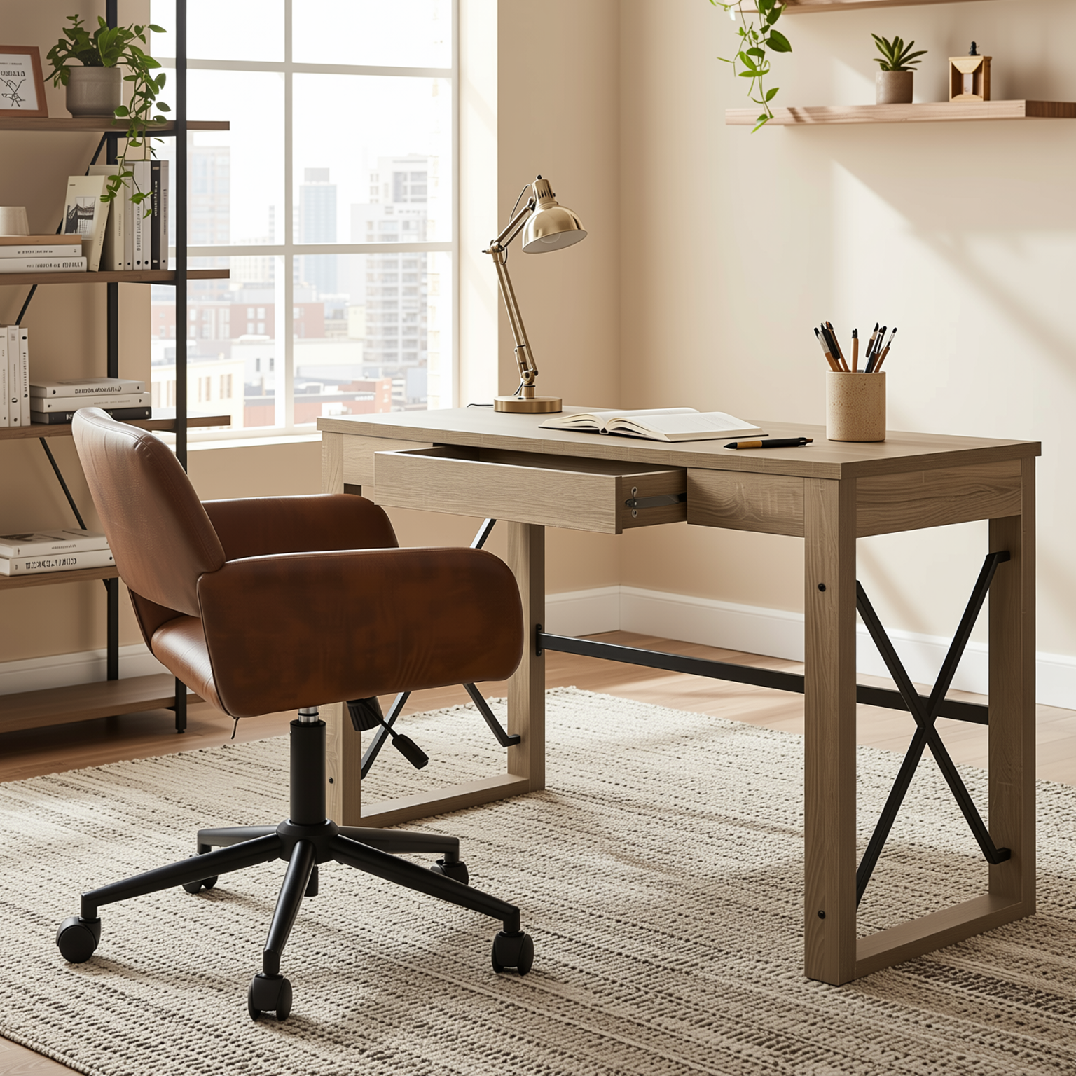 Homy Casa TULIP+ROSS 2PC Office Furniture Set with Computer Desk and Brown Faux Suede Office Chair Open Box
