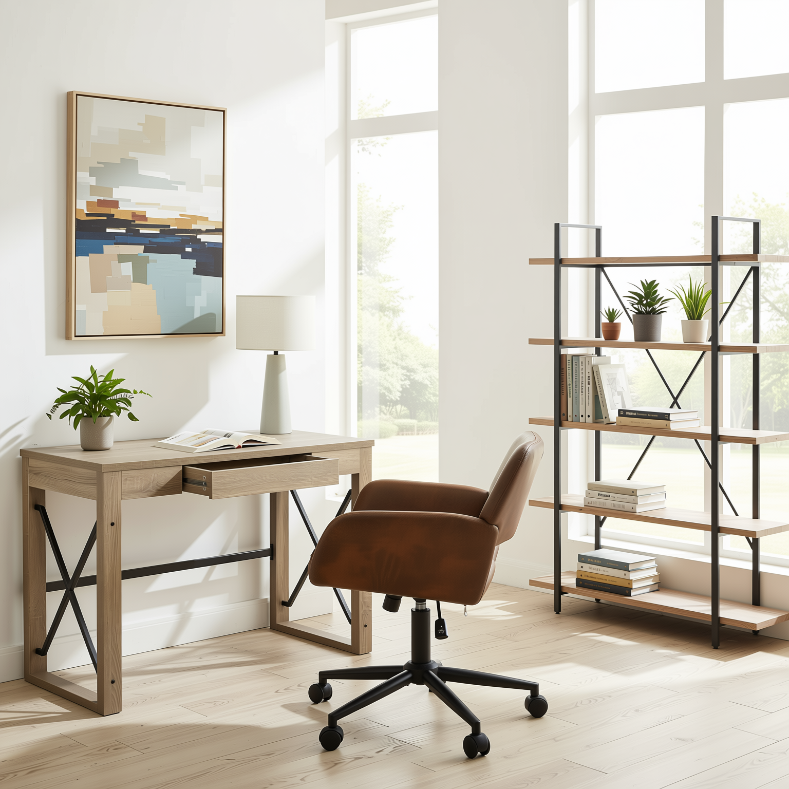 Homy Casa TULIP+ROSS 2PC Office Furniture Set with Computer Desk and Brown Faux Suede Office Chair Open Box